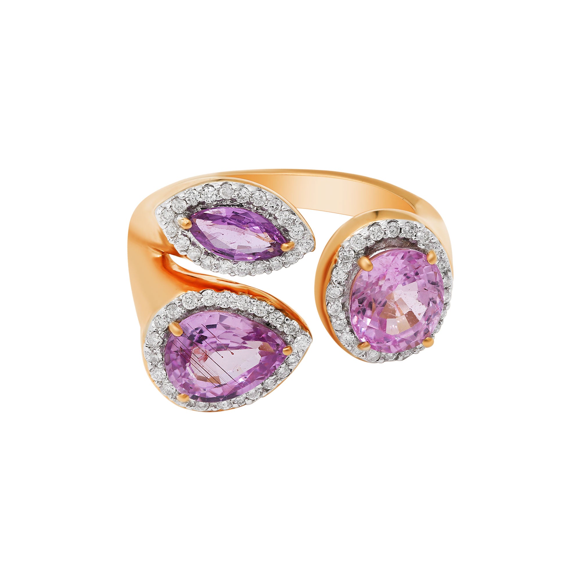 Natural Pink Sapphire Gemstone With Diamond Ring In 18k Yellow Gold