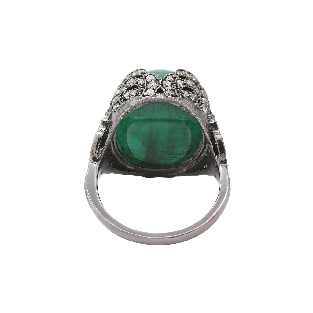 Designer Natural Emerald & Diamond 925 Sterling Silver Black Rhodium Ring