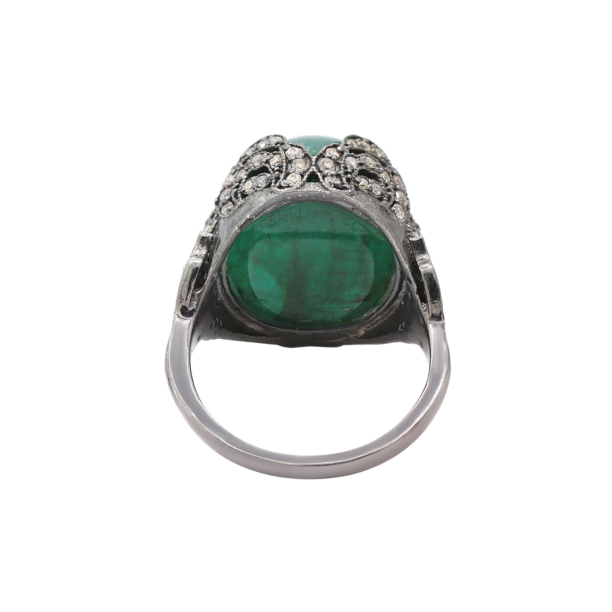 Designer Natural Emerald & Diamond 925 Sterling Silver Black Rhodium Ring