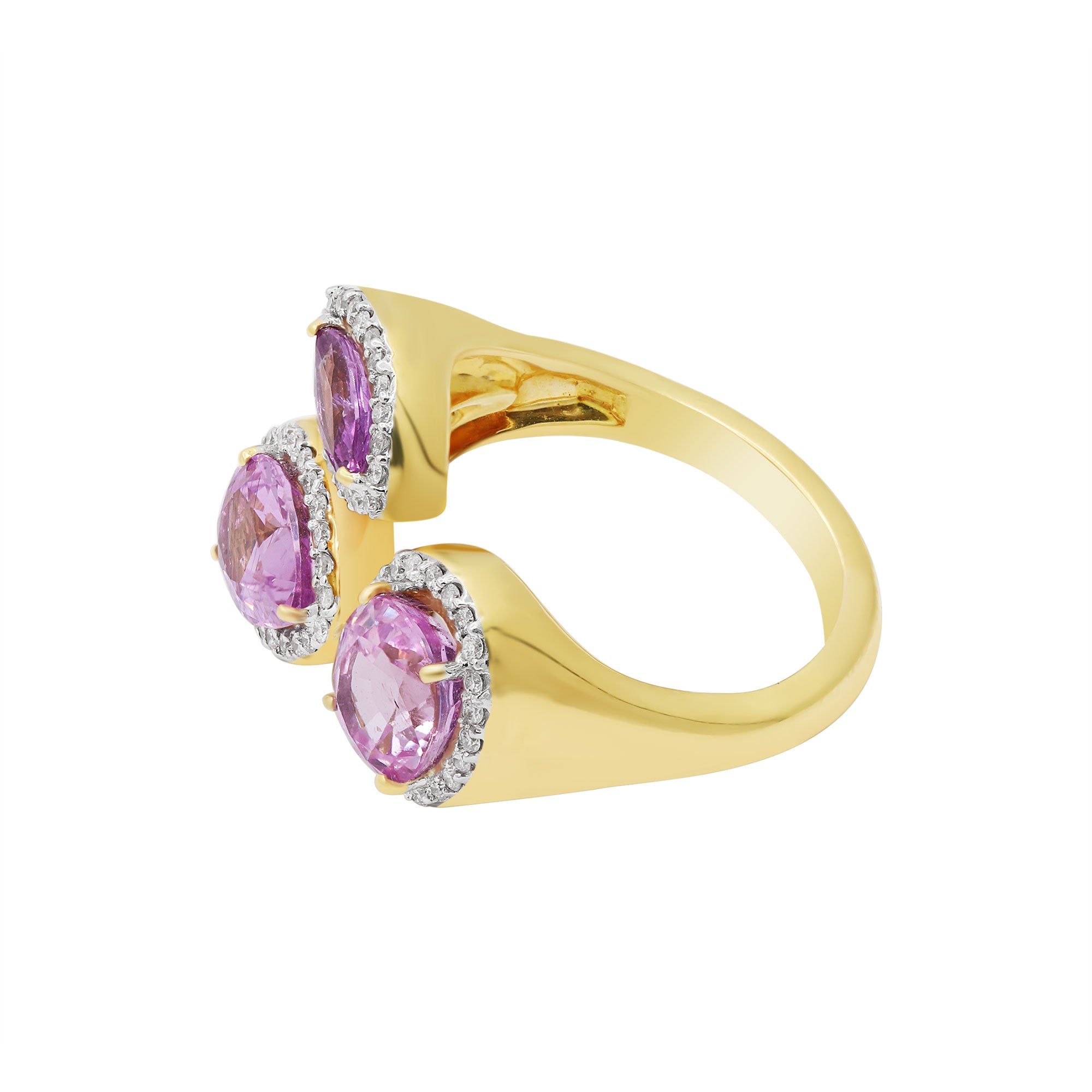 Natural Pink Sapphire Gemstone With Diamond Ring In 18k Yellow Gold