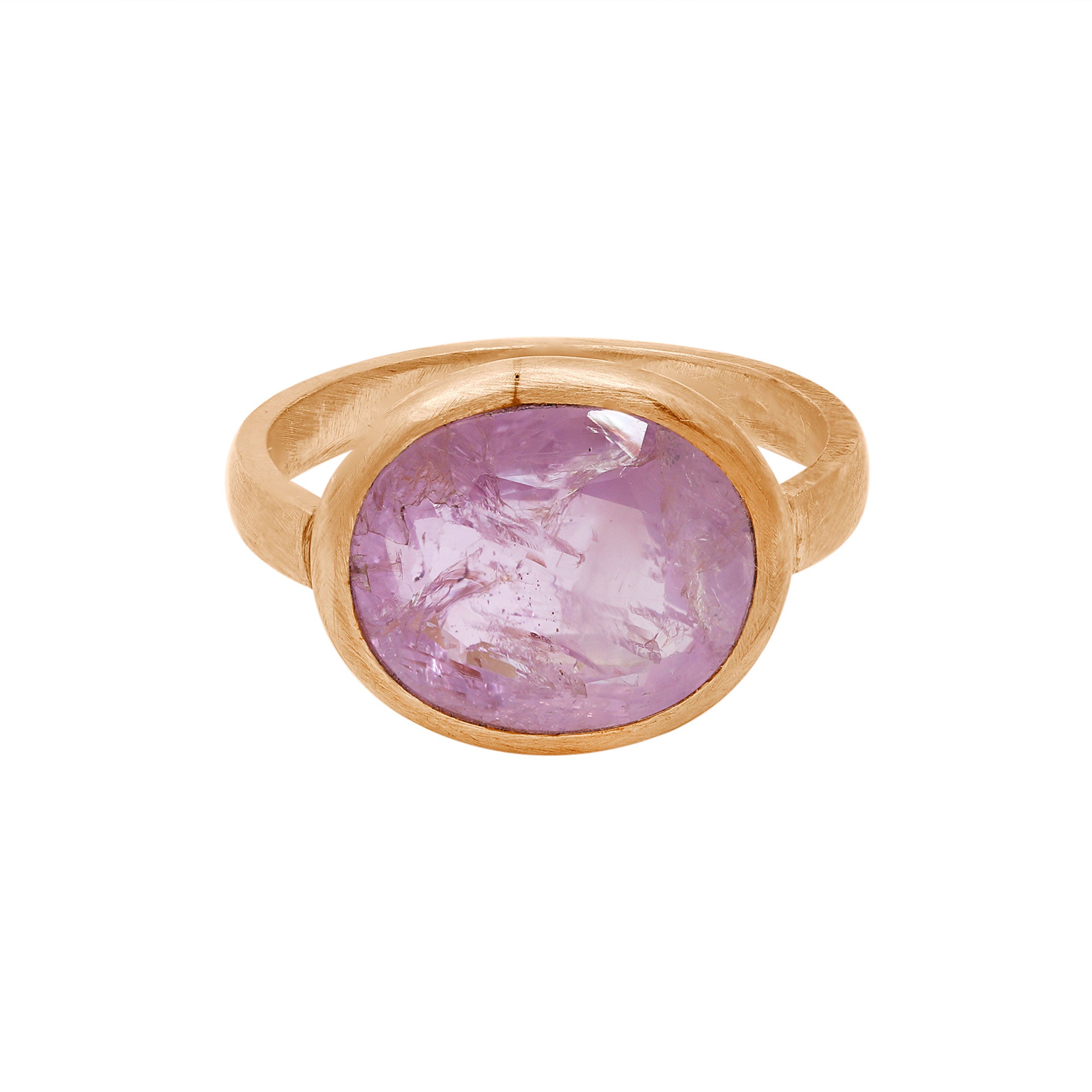 Natural Pink Sapphire Oval Cut Gemstone Matt Gold Ring In 18k Yellow Gold