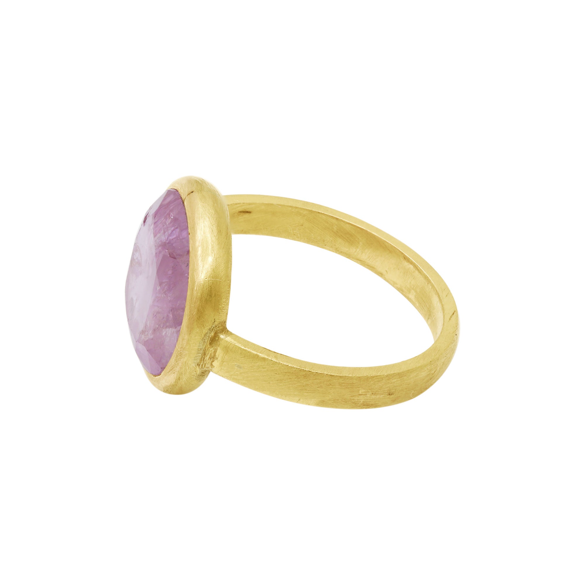 Natural Pink Sapphire Oval Cut Gemstone Matt Gold Ring In 18k Yellow Gold