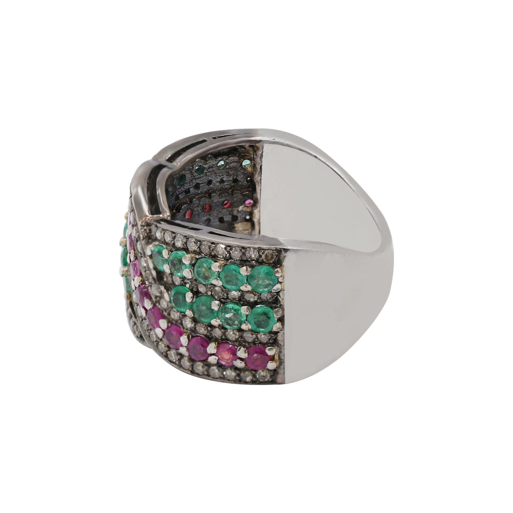 925 Sterling Silver Natural Ruby, Emerald And Genuine Diamond Band Ring