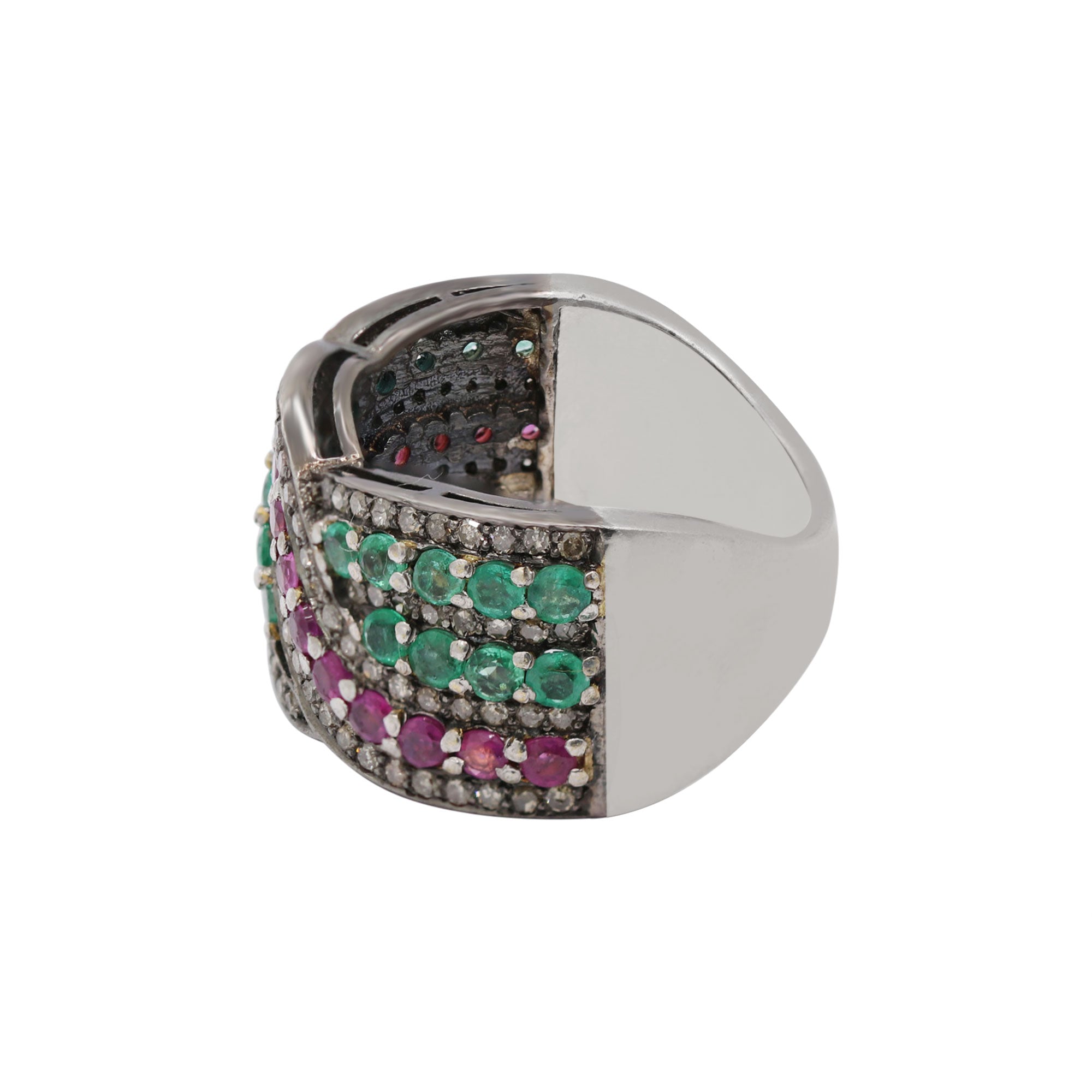 925 Sterling Silver Natural Ruby, Emerald And Genuine Diamond Band Ring