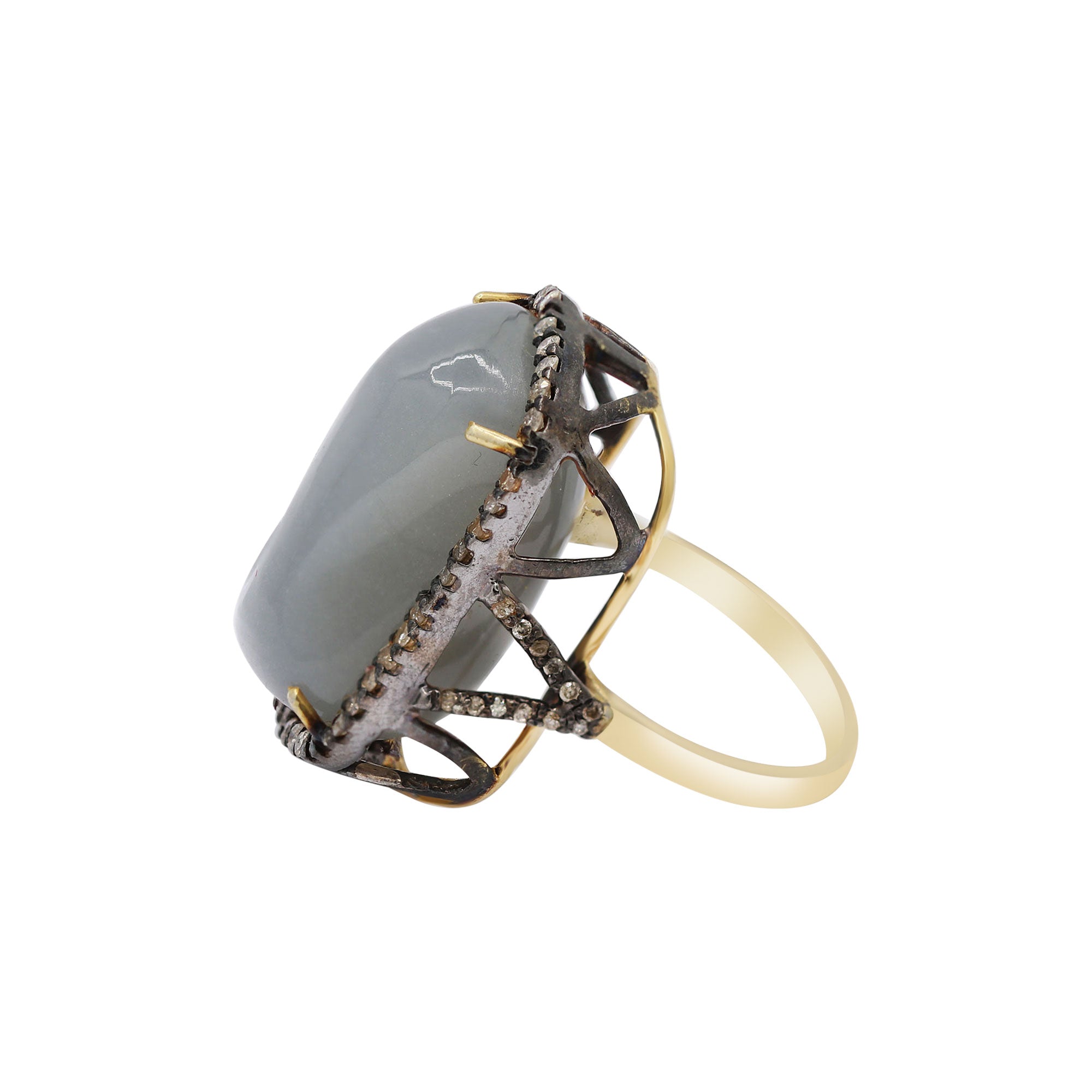 Natural Chalcedony With Diamond 925 Silver Gold Plated Ring