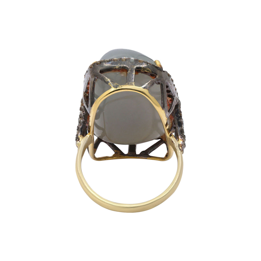 Natural Chalcedony With Diamond 925 Silver Gold Plated Ring
