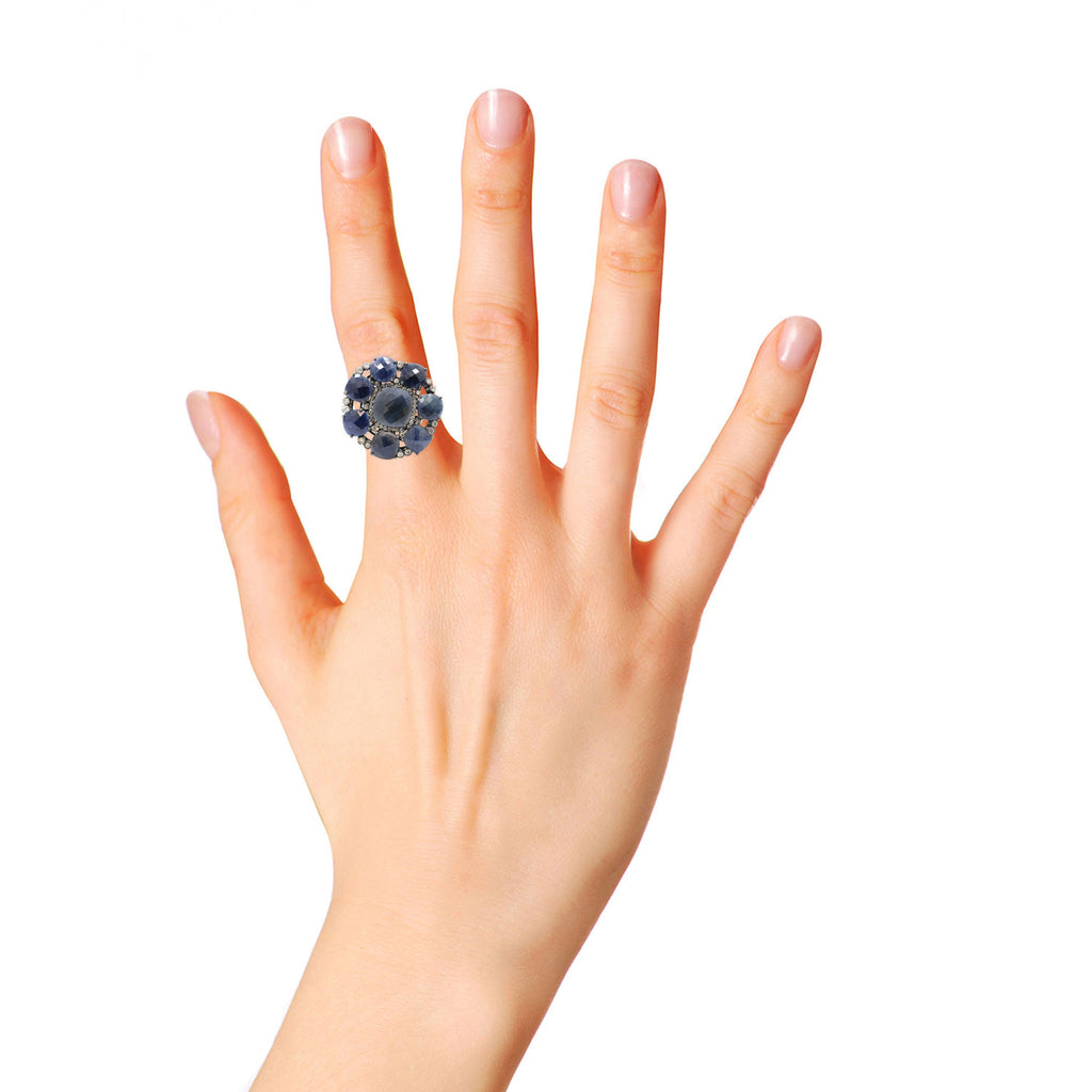 Natural Blue Sapphire With Diamond 925 Sterling Silver Black Rhodium Ring