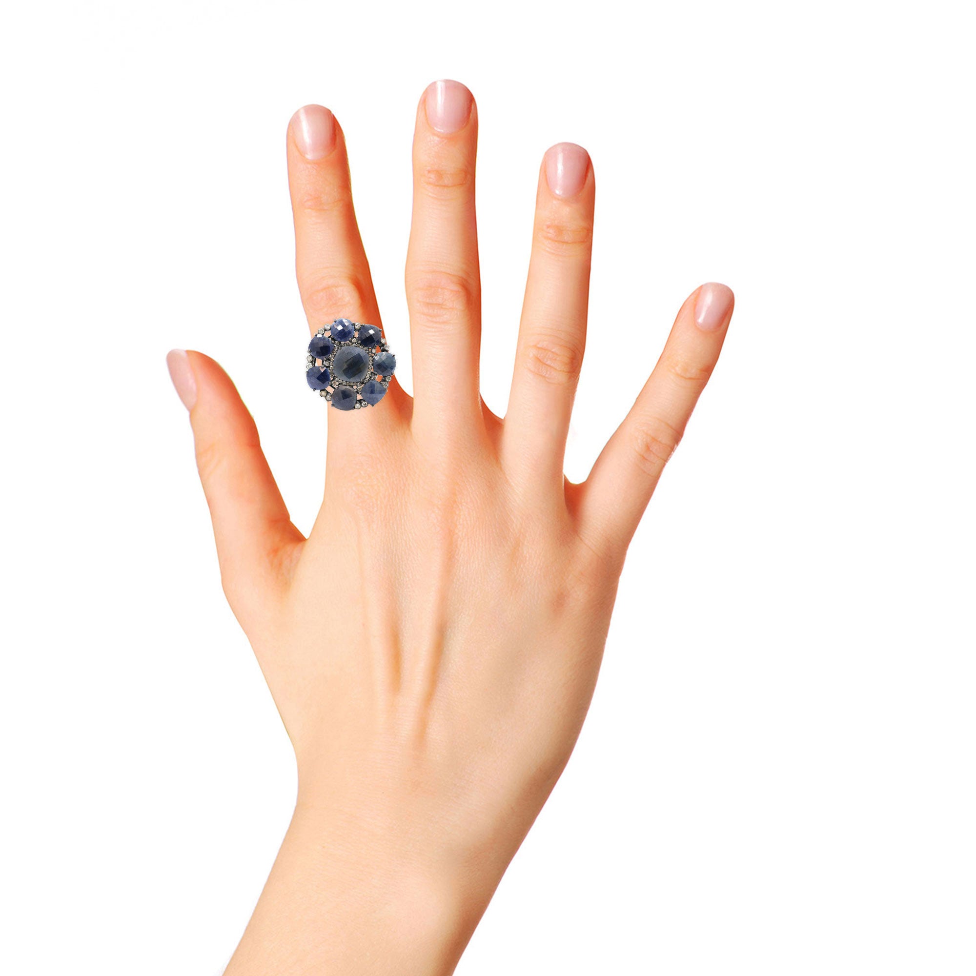 Natural Blue Sapphire With Diamond 925 Sterling Silver Black Rhodium Ring