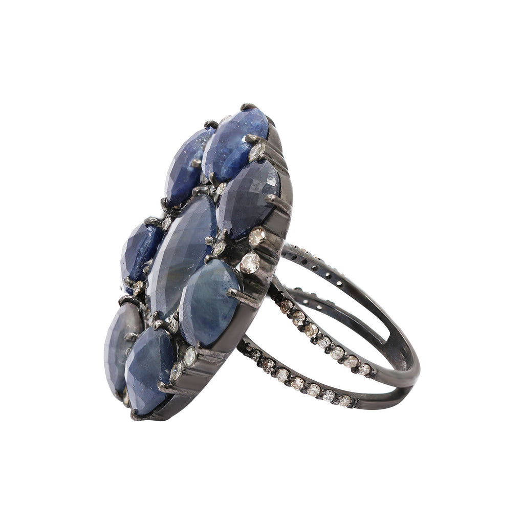 Natural Blue Sapphire With Diamond 925 Sterling Silver Black Rhodium Ring