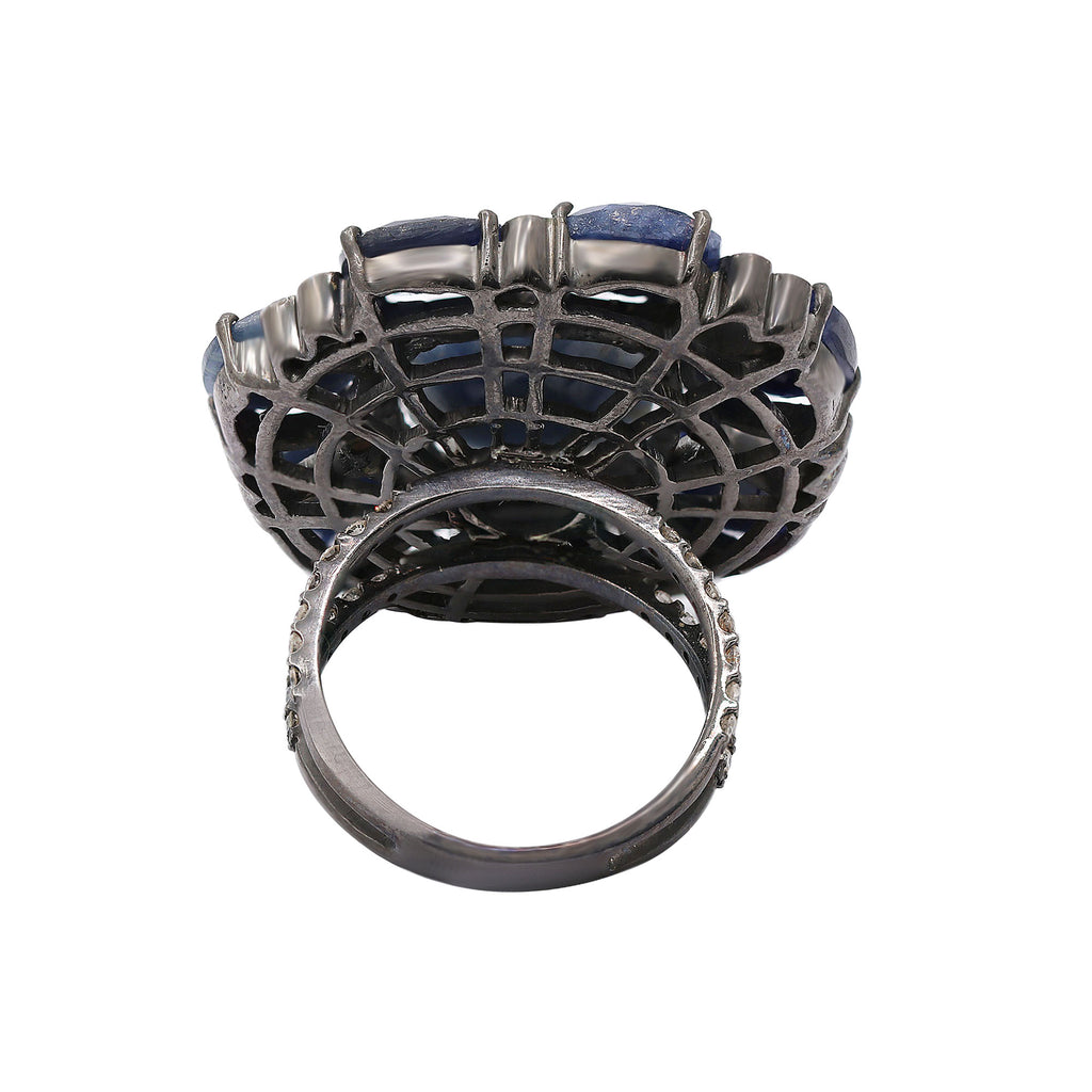 Natural Blue Sapphire With Diamond 925 Sterling Silver Black Rhodium Ring