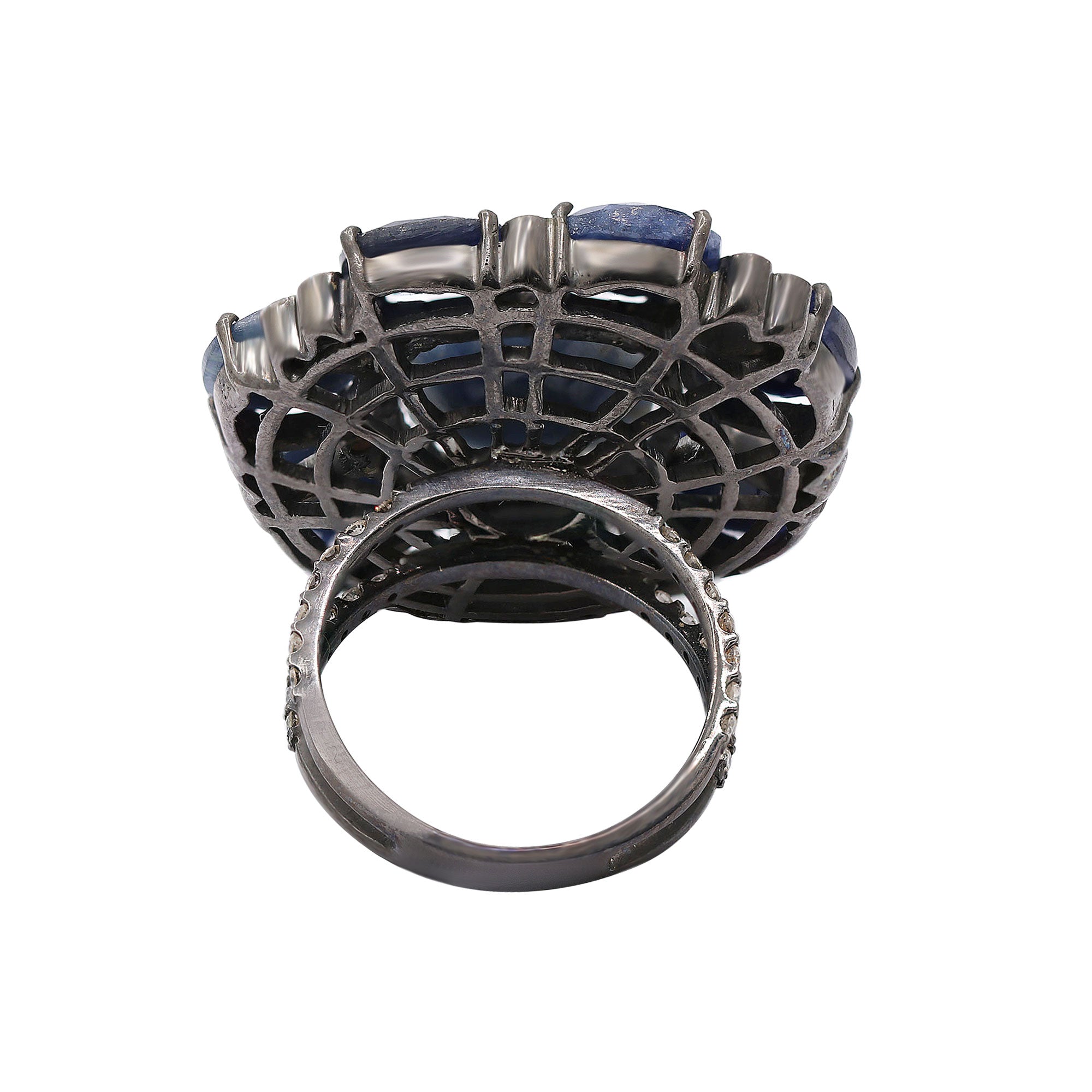 Natural Blue Sapphire With Diamond 925 Sterling Silver Black Rhodium Ring