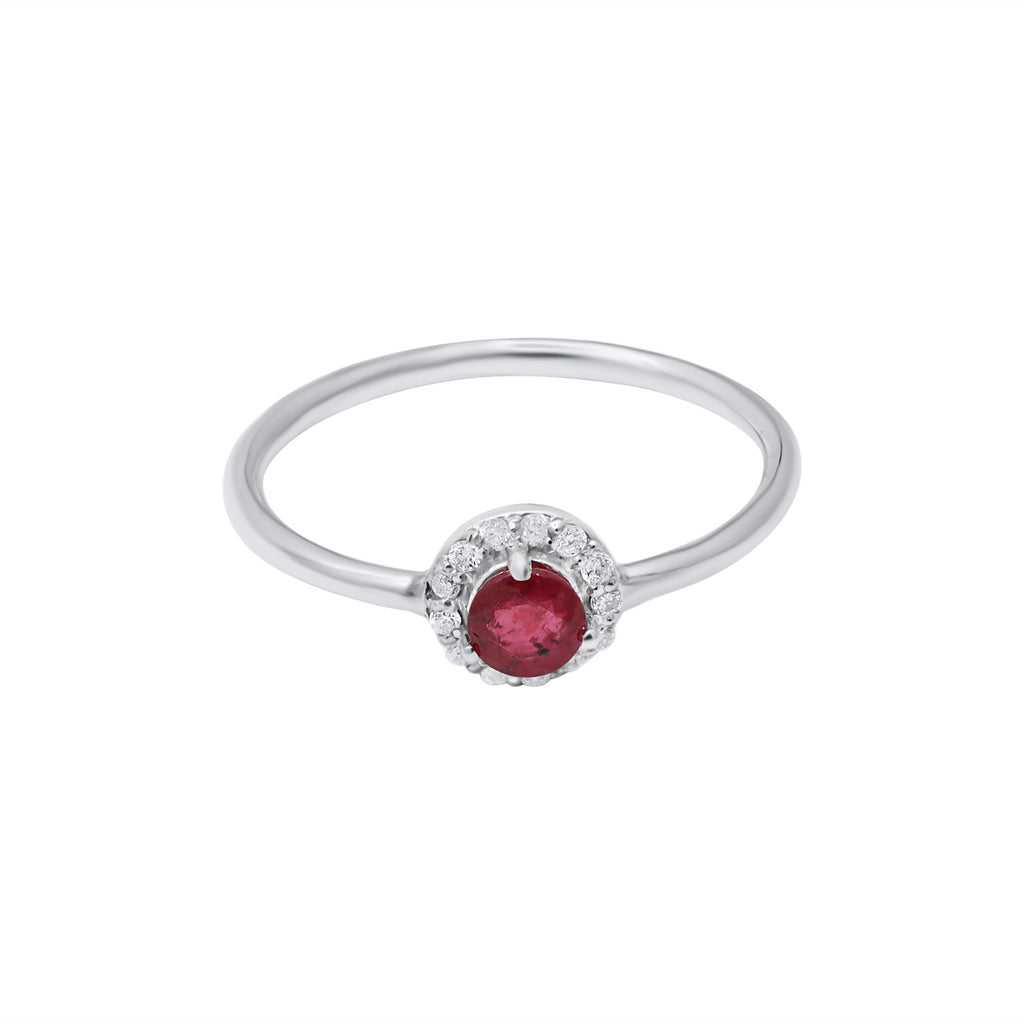 Natural Round Cut Ruby Gemstone With Diamond White Gold Ring In 14k White Gold