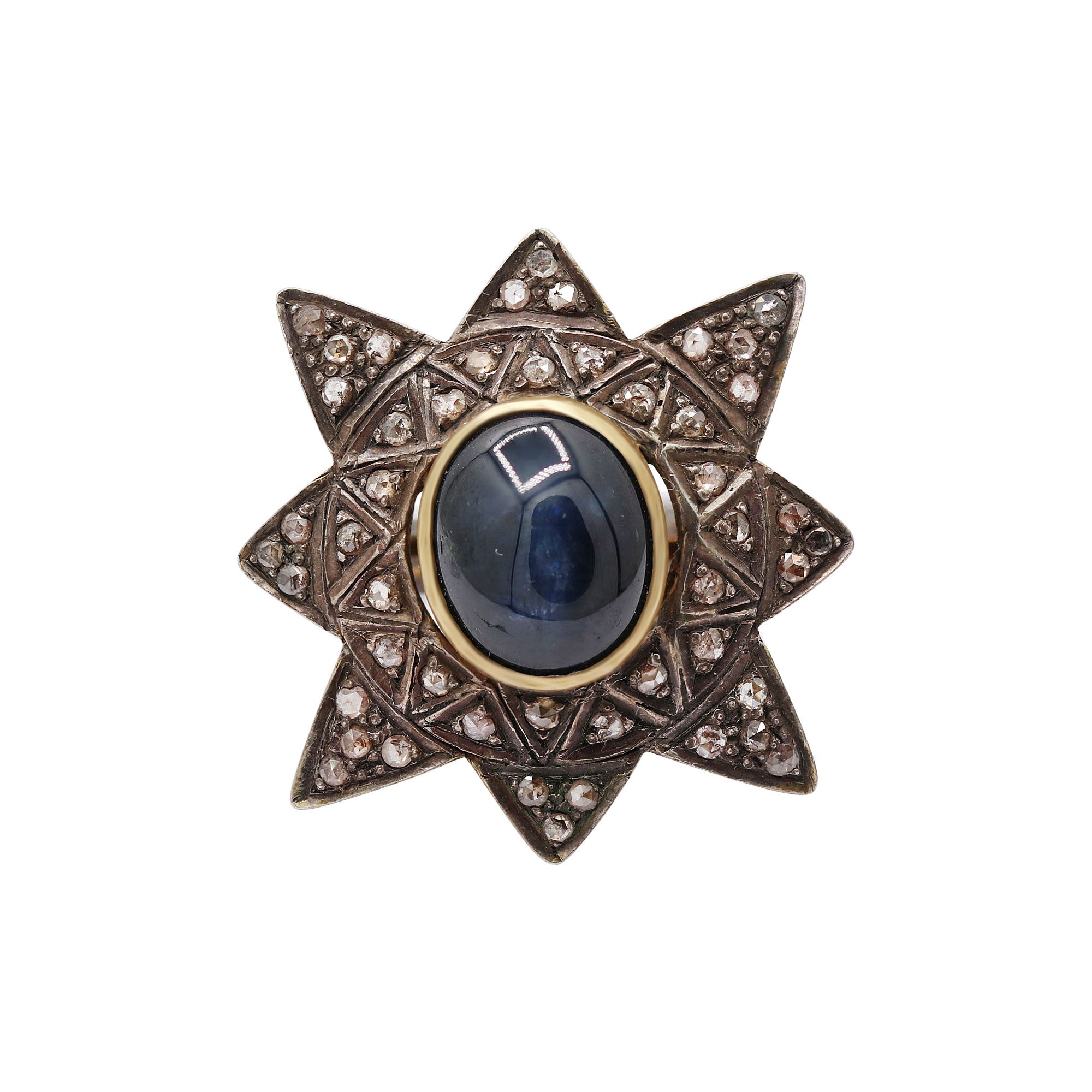 Star Natural Blue Sapphire With Diamond 925 Sterling Silver Black Rhodium Ring