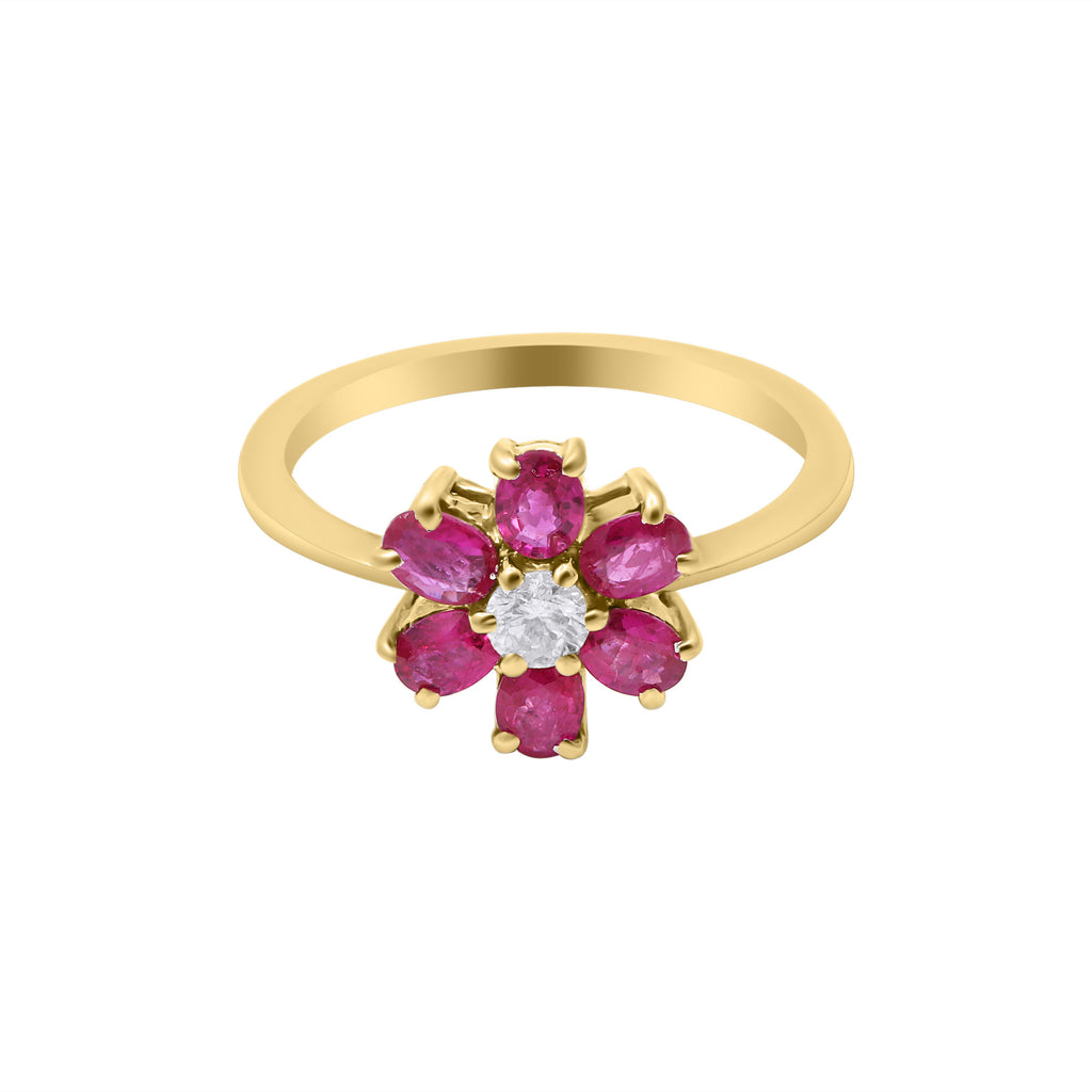 Floral Shaped Natural Ruby Gemstone And Diamond Gold Ring In 18k White Gold