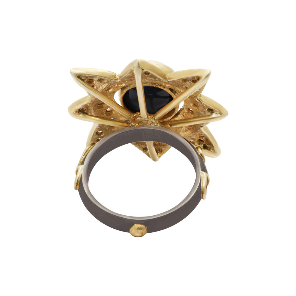 Star Natural Blue Sapphire With Diamond 925 Sterling Silver Black Rhodium Ring