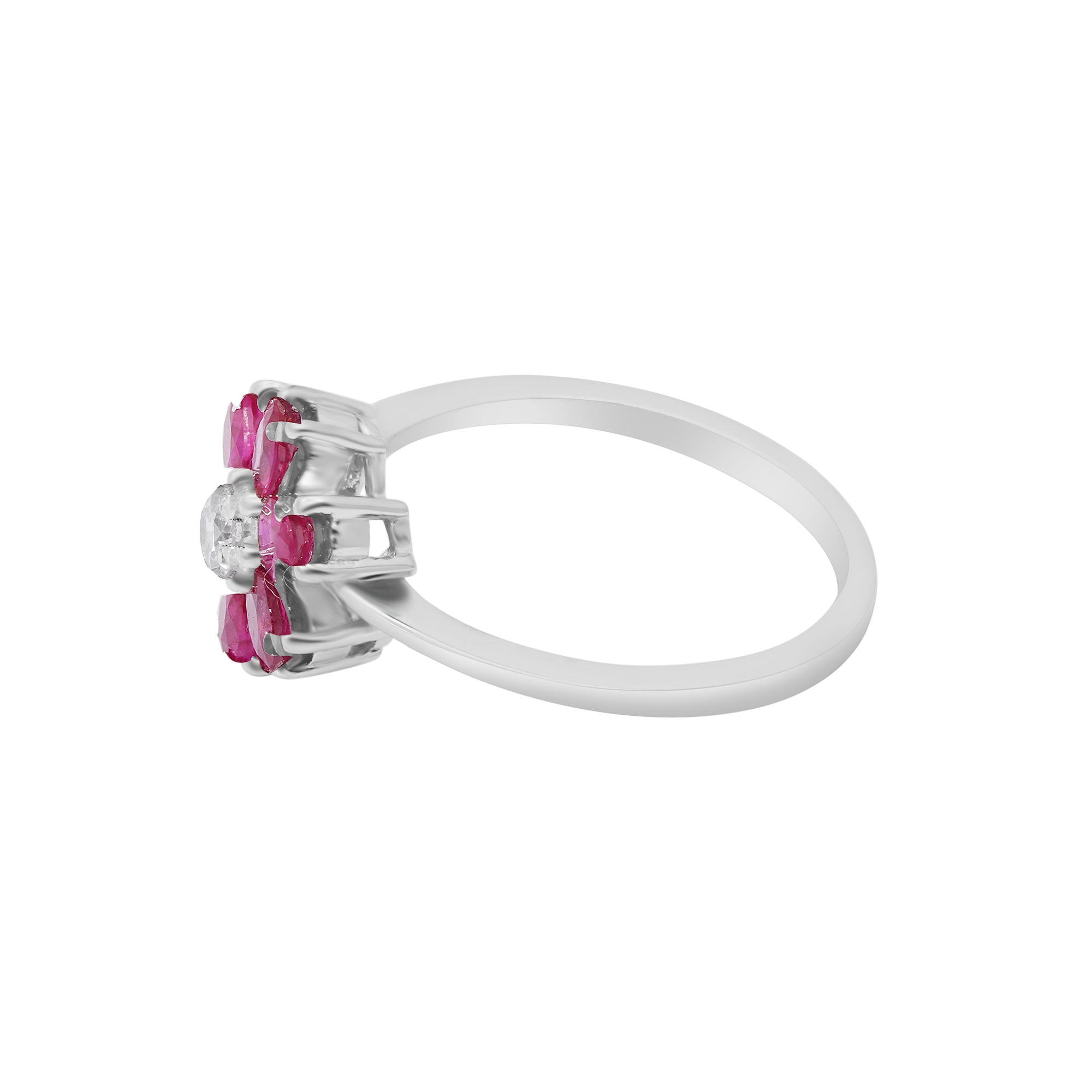 Floral Shaped Natural Ruby Gemstone And Diamond Gold Ring In 18k White Gold