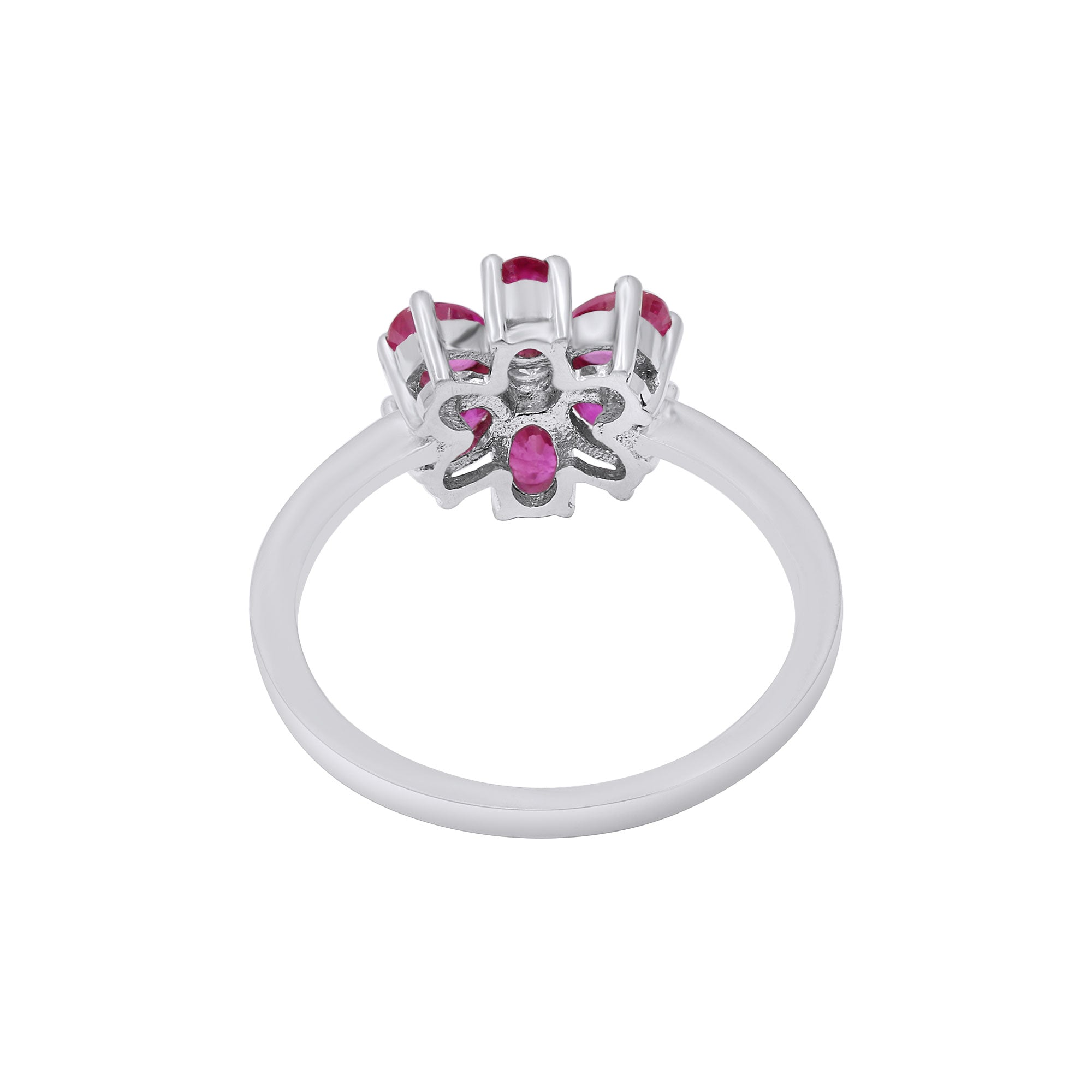 Floral Shaped Natural Ruby Gemstone And Diamond Gold Ring In 18k White Gold