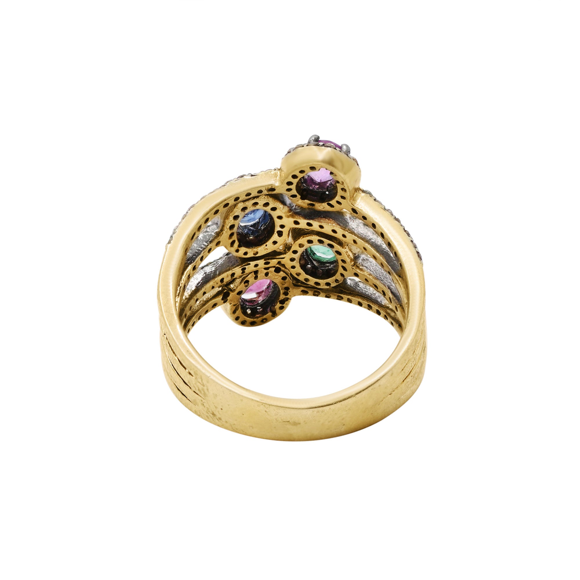 Pink & Blue Sapphire, Ruby, Emerald & Diamond Ring 925 Sterling Silver Gold Plated Ring