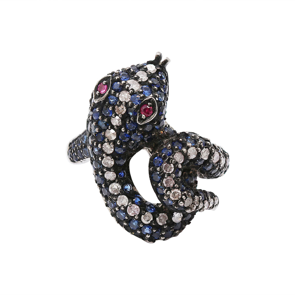 Snake Design Natural Blue Sapphire, Ruby & Diamond 925 Sterling Silver Ring