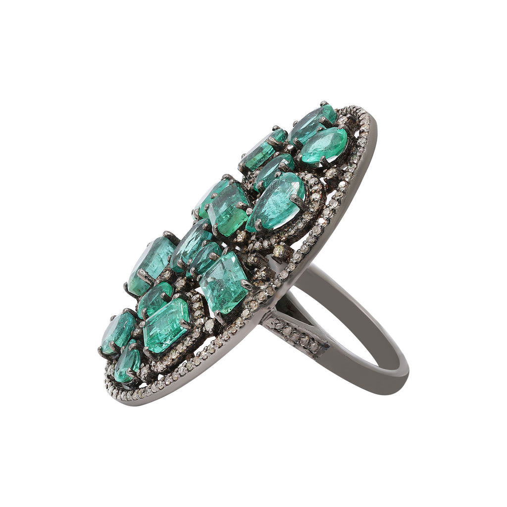 Natural Emerald And Diamond 925 Sterling Silver Black Rhodium Ring