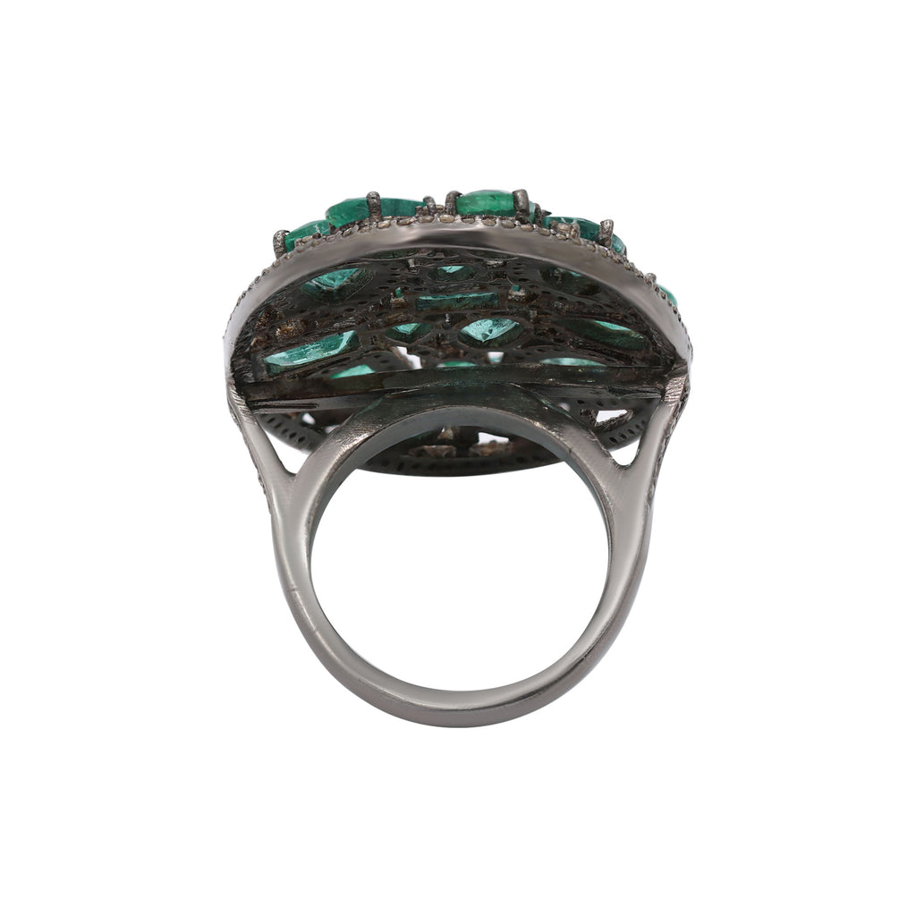 Natural Emerald And Diamond 925 Sterling Silver Black Rhodium Ring