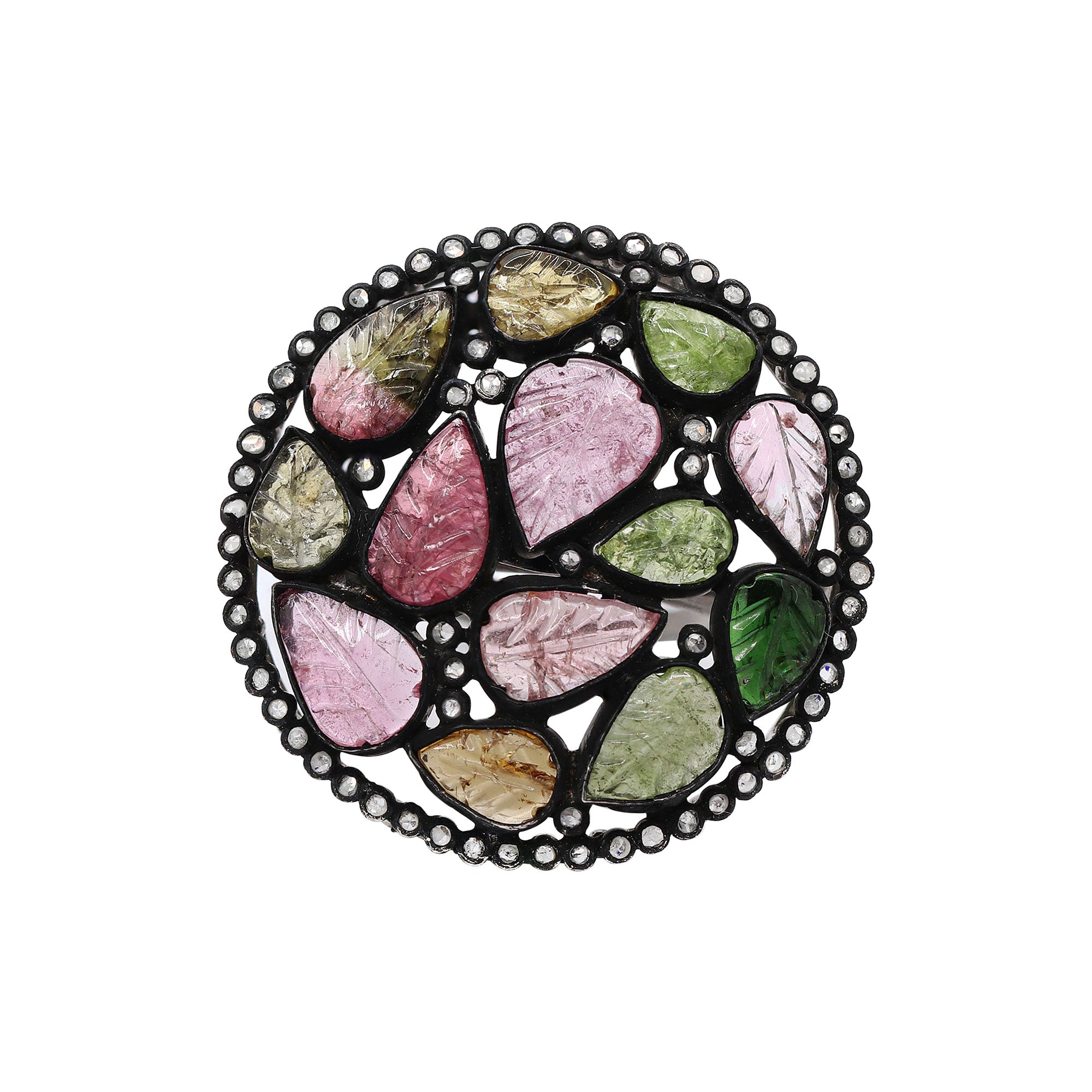 Leaf Design Natural Multi Tourmaline & Diamond 925 Sterling Silver Ring