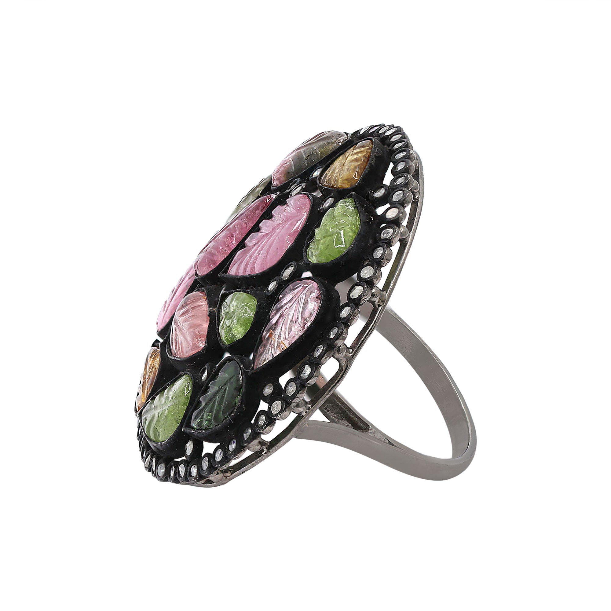 Leaf Design Natural Multi Tourmaline & Diamond 925 Sterling Silver Ring