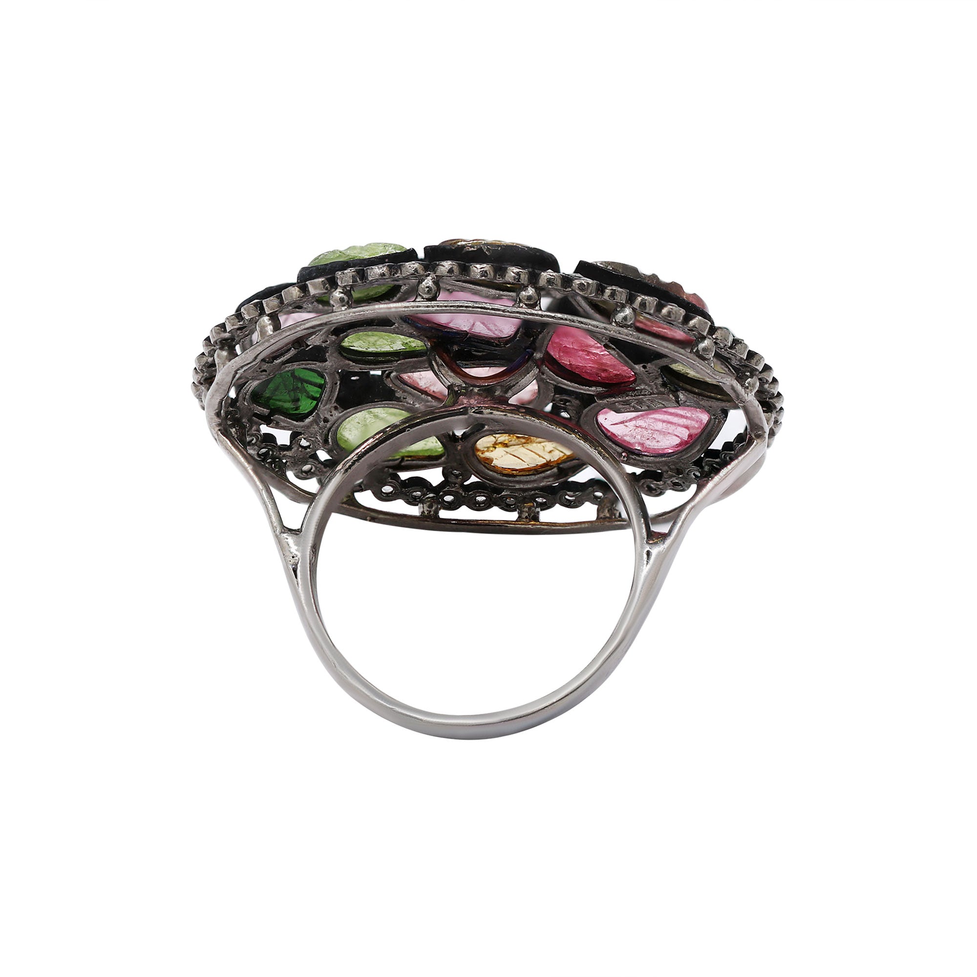 Leaf Design Natural Multi Tourmaline & Diamond 925 Sterling Silver Ring