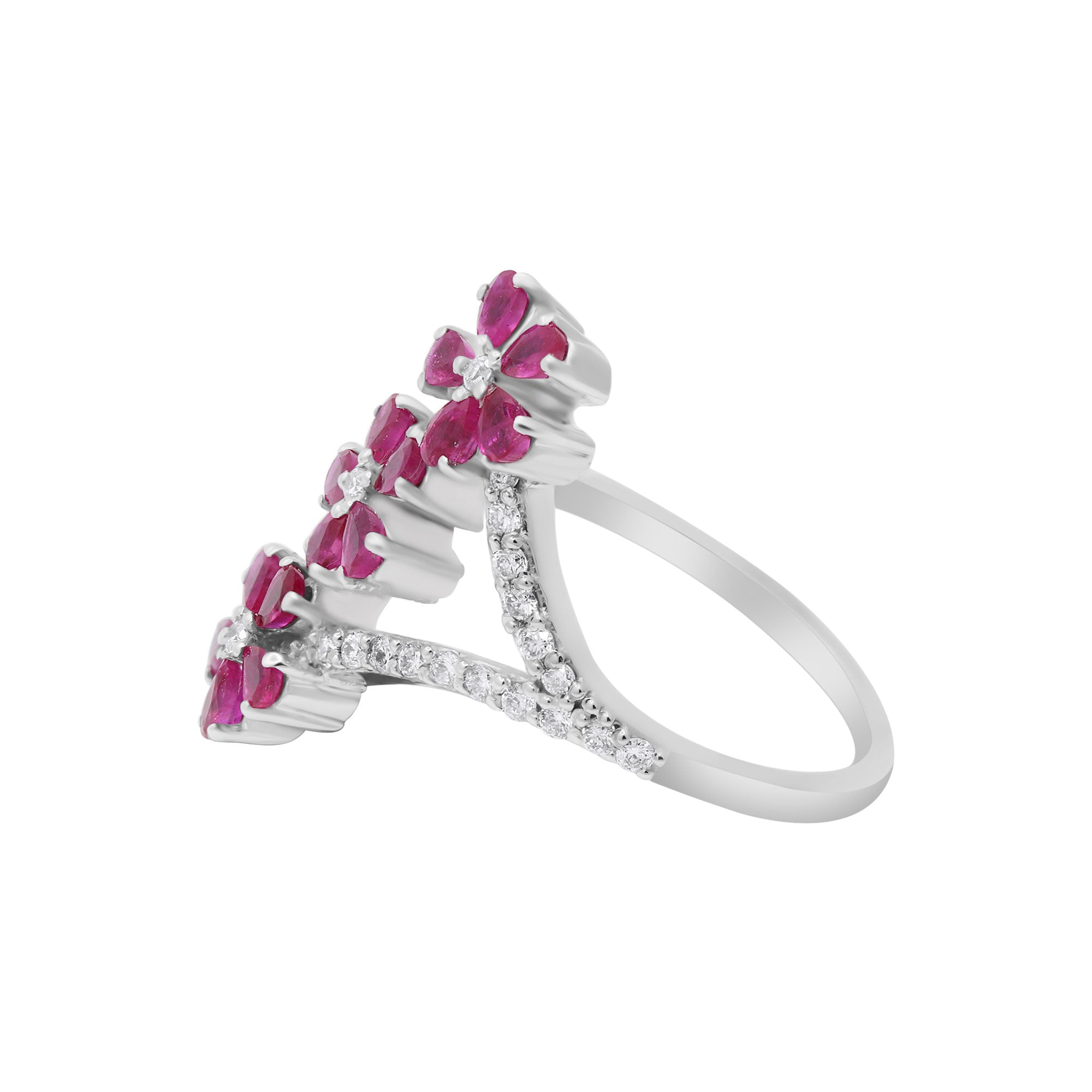Natural Ruby With Diamond White Gold Flower Ring In 18k White Gold