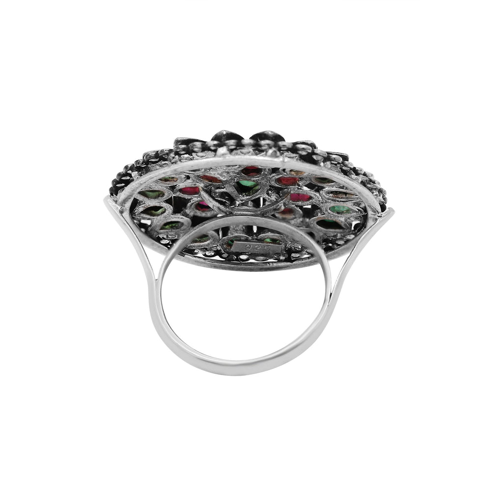 Elegant Natural Emerald, Ruby & Diamond 925 Sterling Silver Handmade Ring