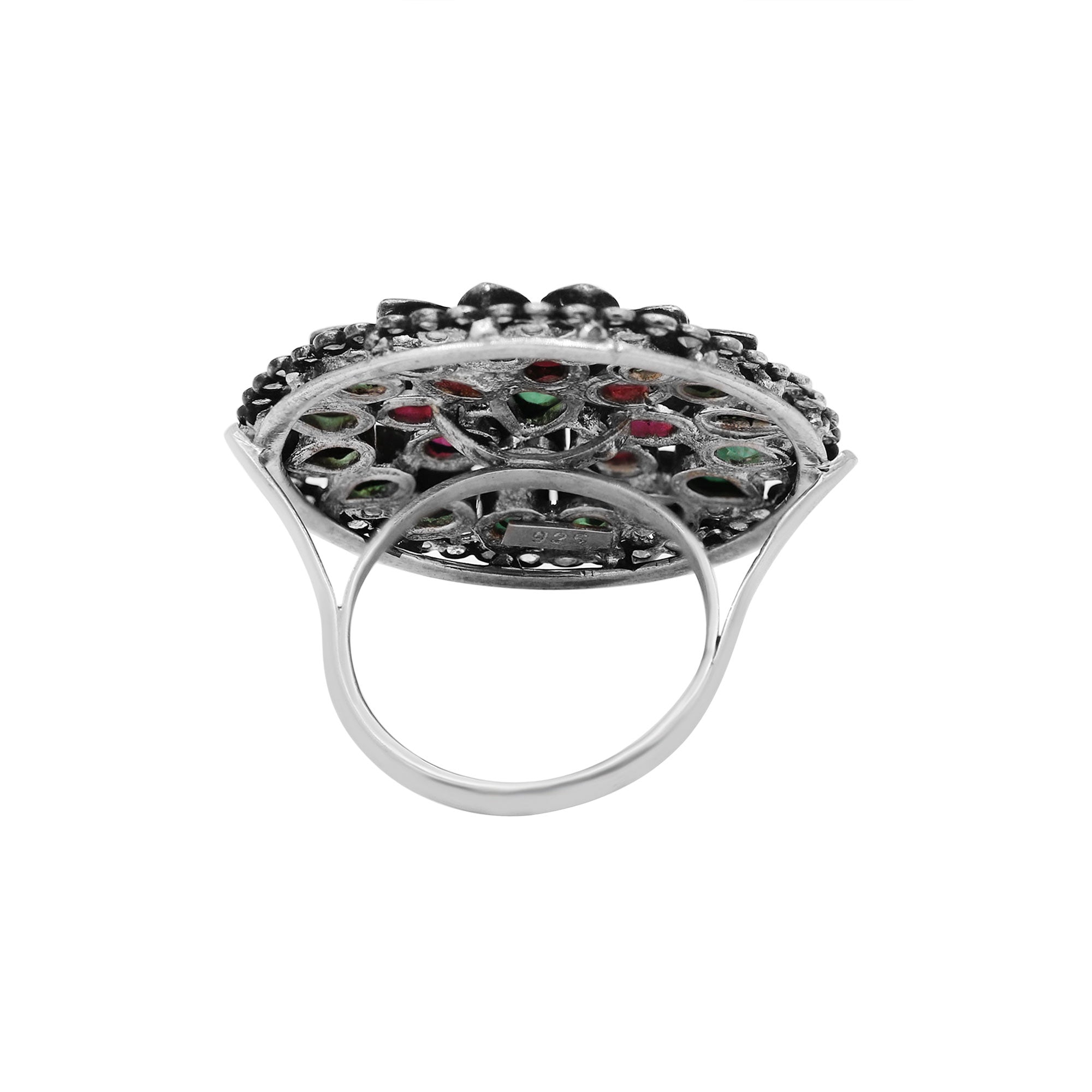 Elegant Natural Emerald, Ruby & Diamond 925 Sterling Silver Handmade Ring