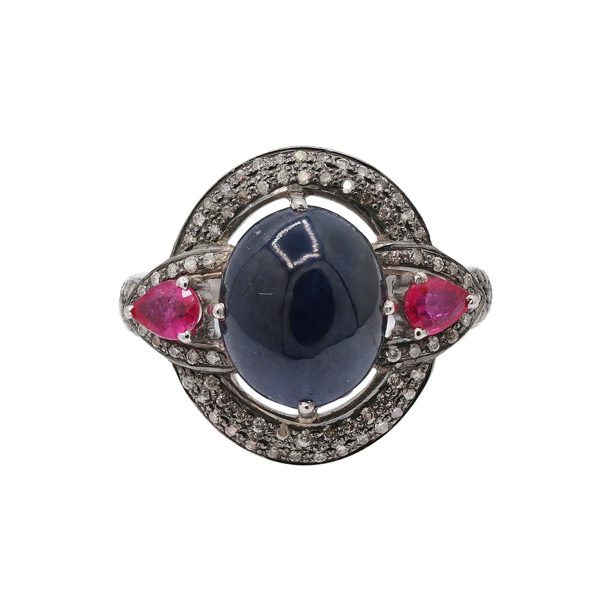 Natural Blue Sapphire, Ruby With Diamond 925 Sterling Silver Ring