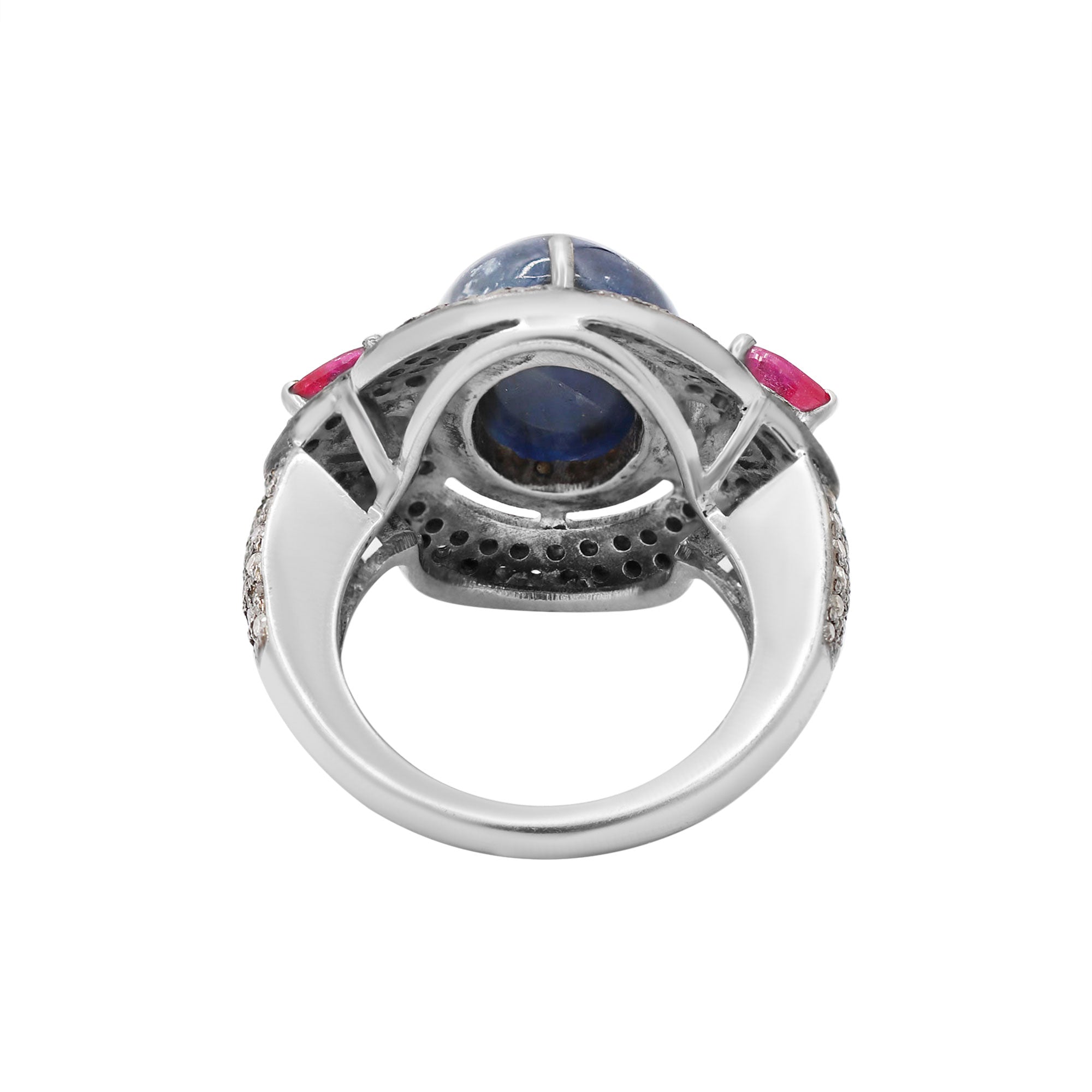 Natural Blue Sapphire, Ruby With Diamond 925 Sterling Silver Ring