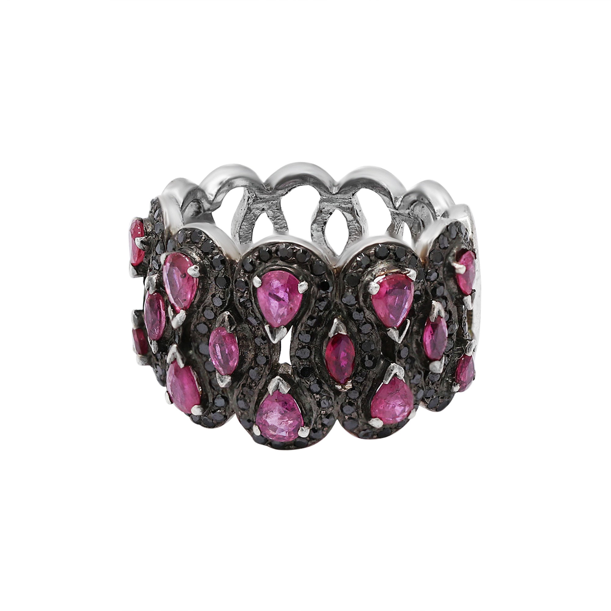 Natural Ruby And Black Diamond 925 Sterling Silver Band Ring