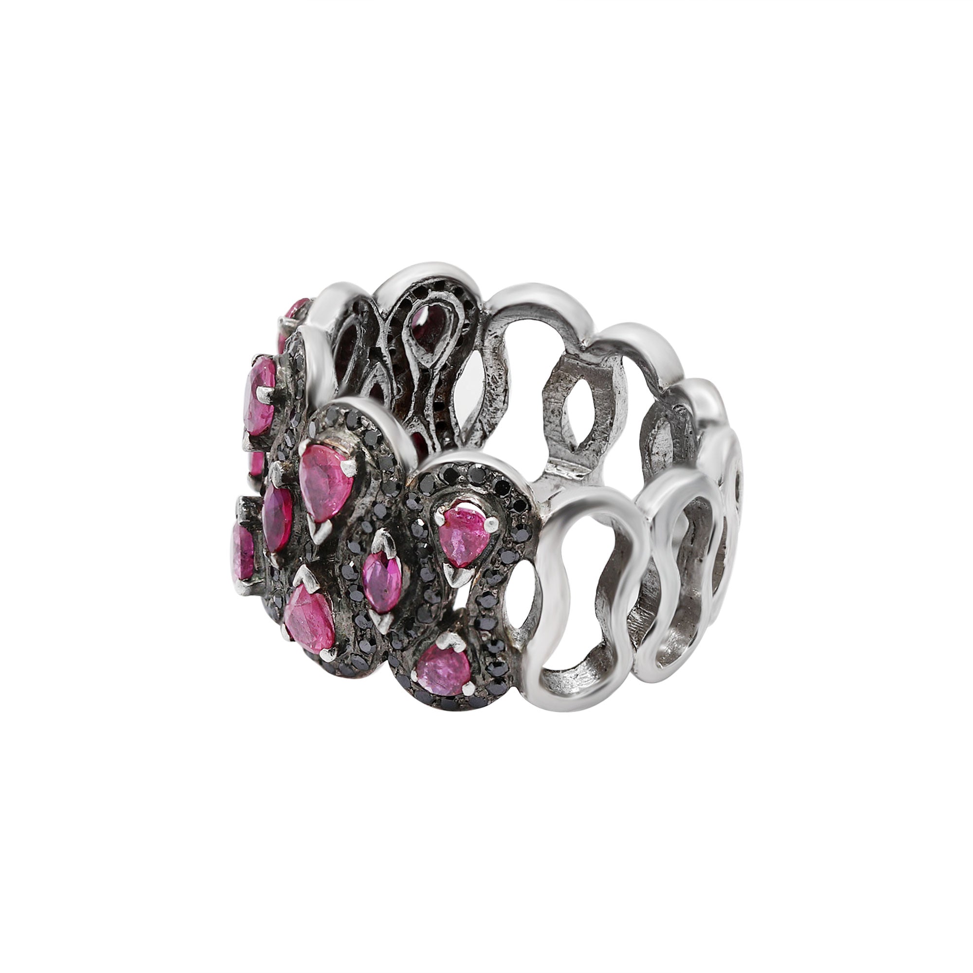 Natural Ruby And Black Diamond 925 Sterling Silver Band Ring