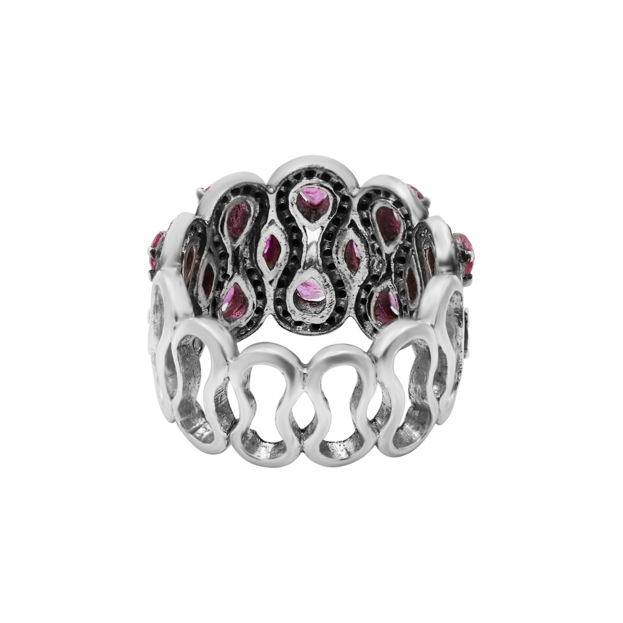 Natural Ruby And Black Diamond 925 Sterling Silver Band Ring