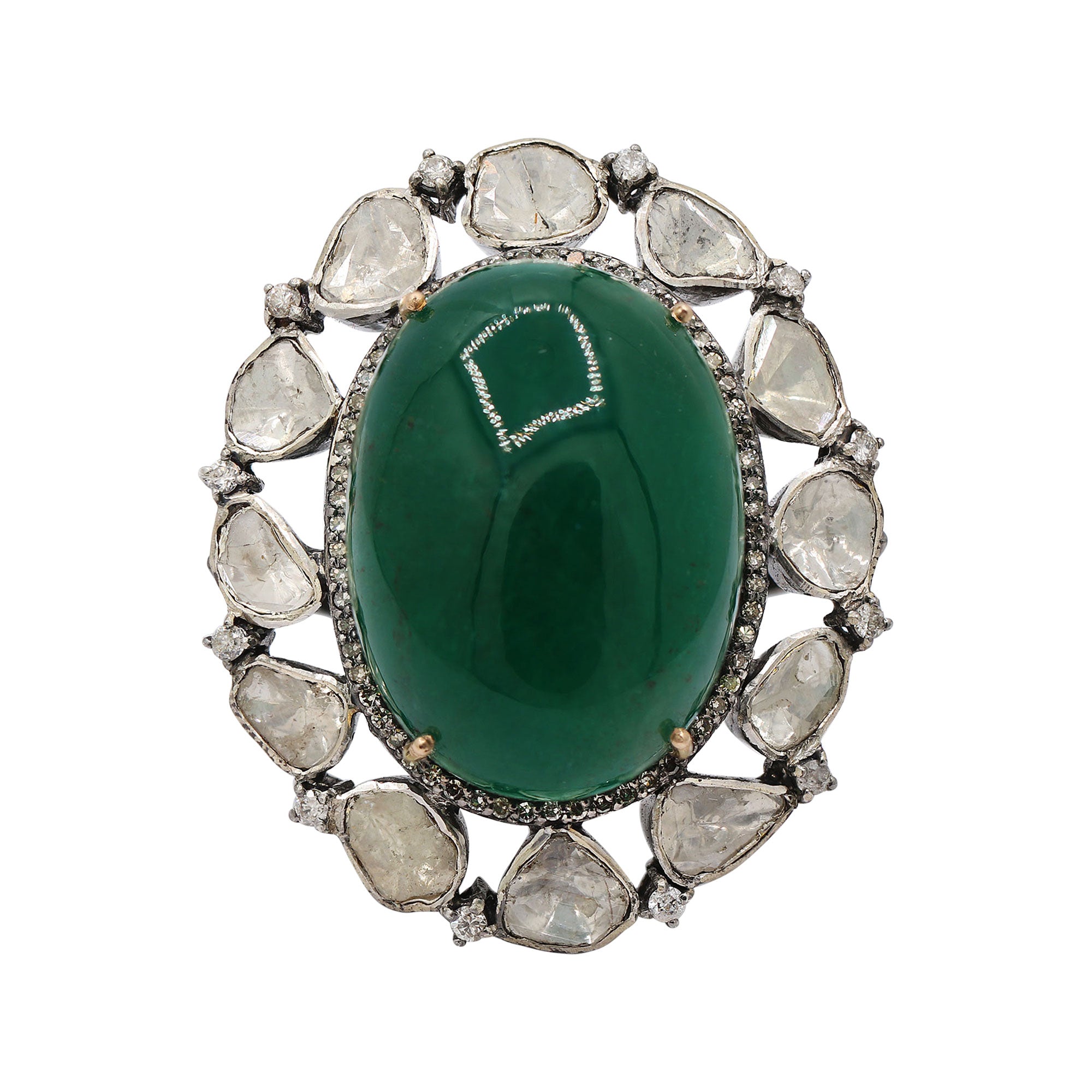 Natural Emerald Oval Cut Precious Gemstone With Polki Diamond 925 Sterling Silver Ring