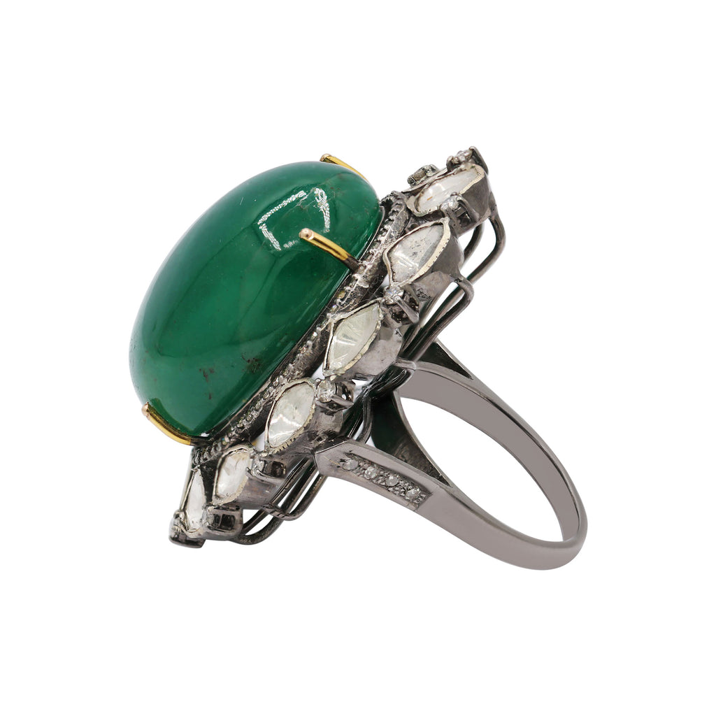 Natural Emerald Oval Cut Precious Gemstone With Polki Diamond 925 Sterling Silver Ring