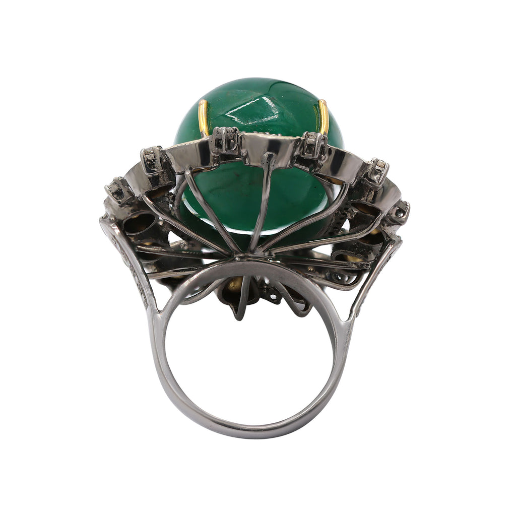 Natural Emerald Oval Cut Precious Gemstone With Polki Diamond 925 Sterling Silver Ring