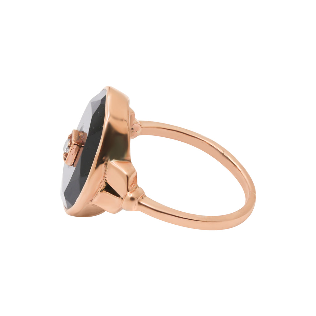 9k Rose Gold Black Onyx Oval Cut And Diamond Ring