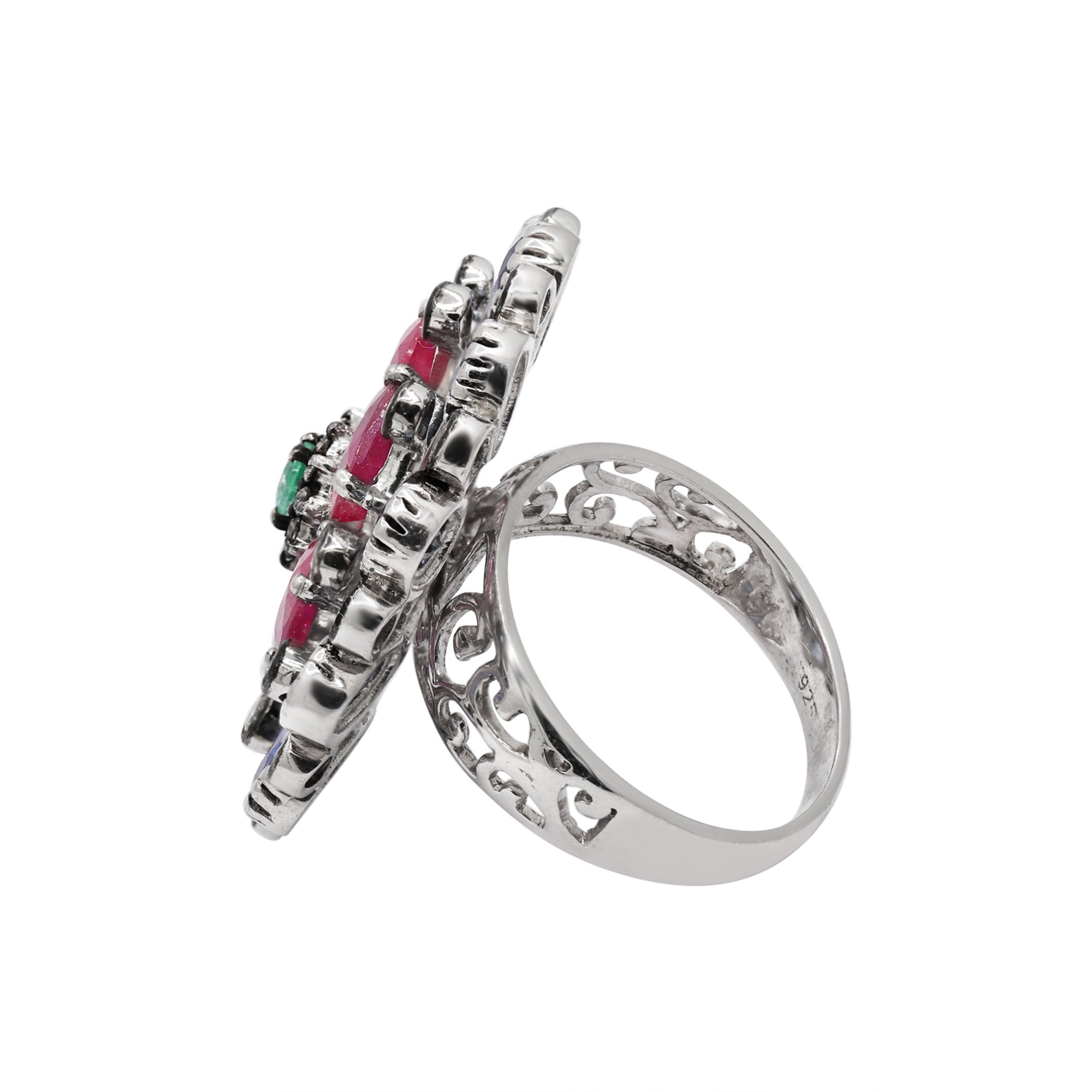 Floral Shaped Natural Ruby, Emerald, Sapphire, Diamond 925 Sterling Silver Gold Plated Ring