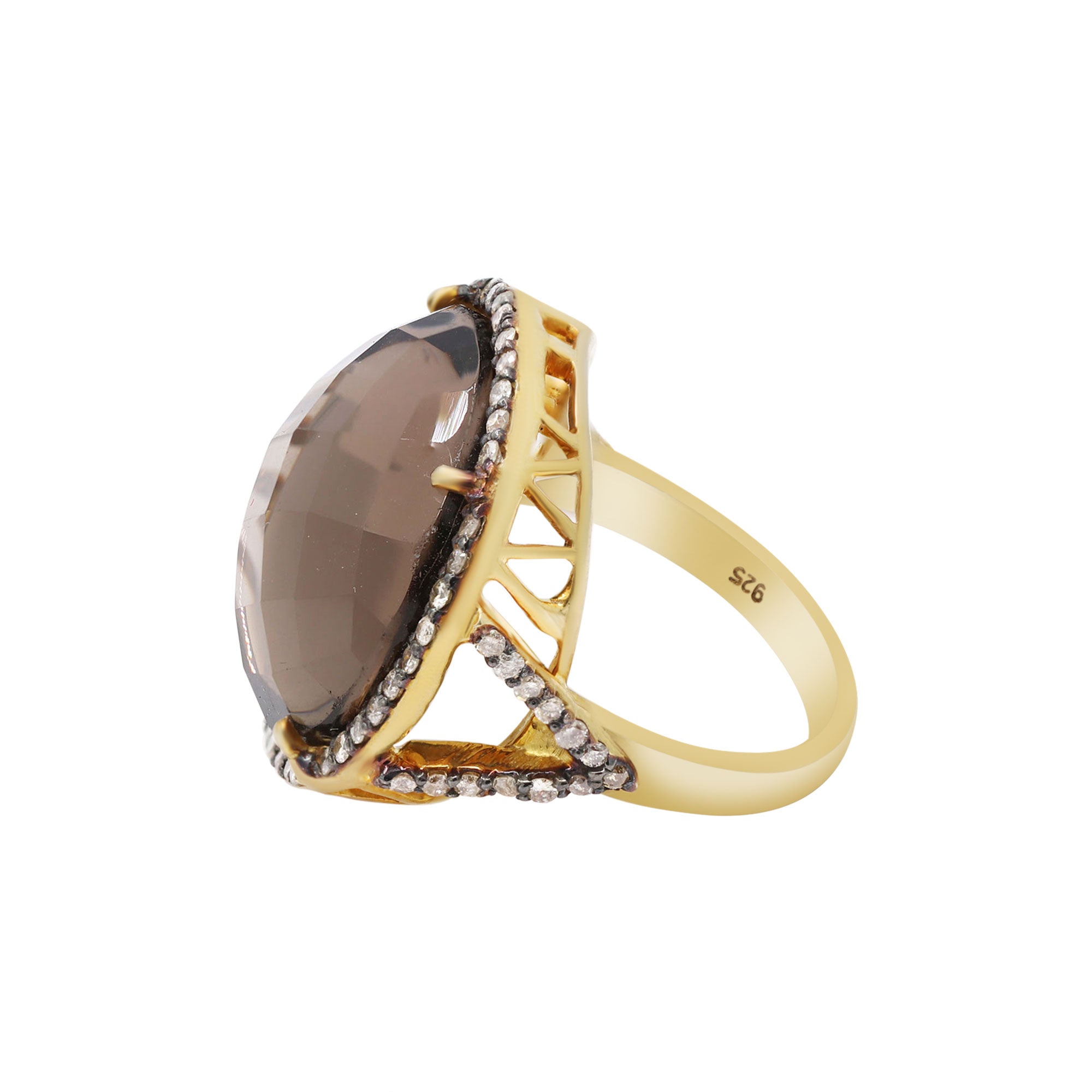 Natural Smoky Quartz & Diamond 925 Sterling Silver Ring