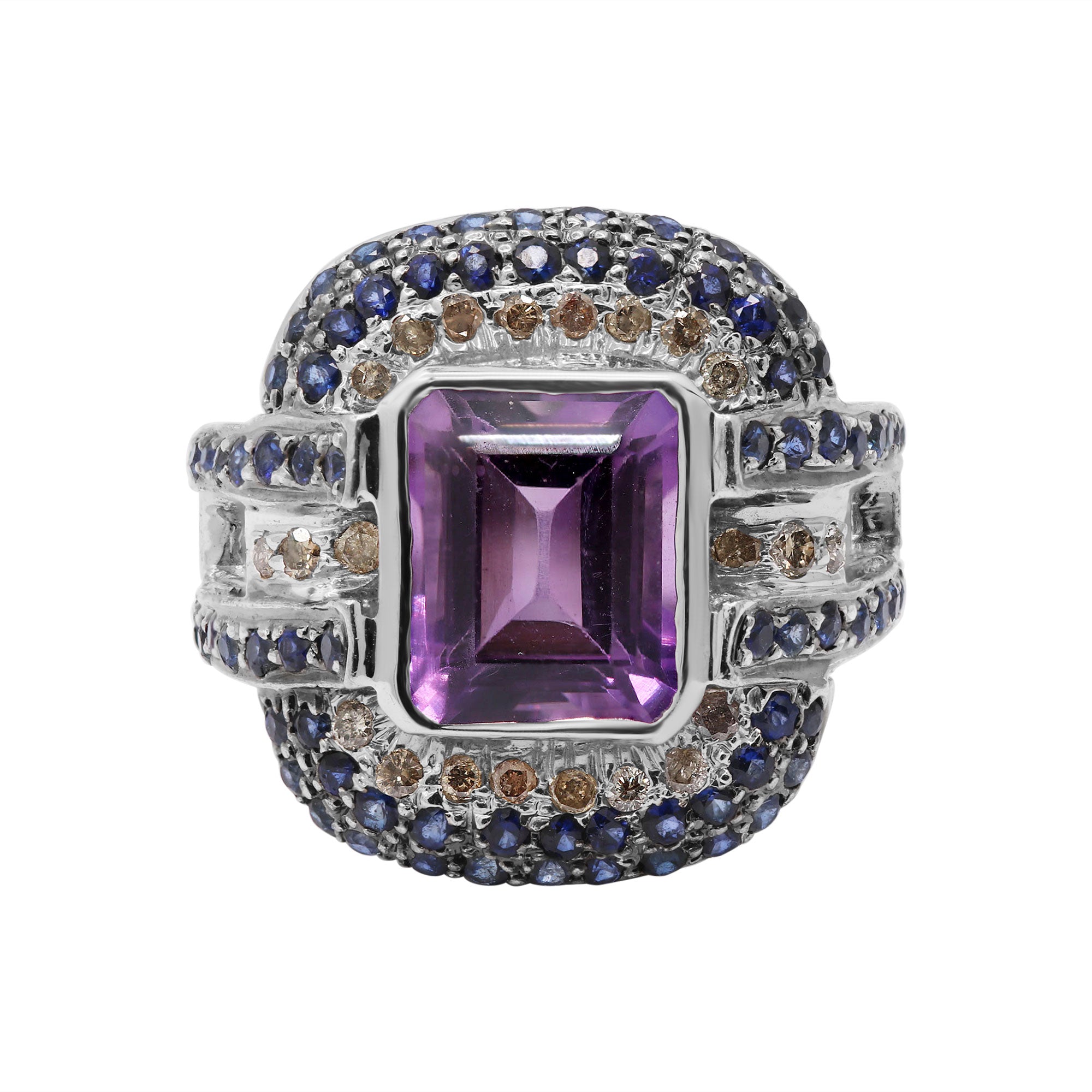 Gorgeous Natural Amethyst, Sapphire And Diamond 925 Sterling Silver Ring