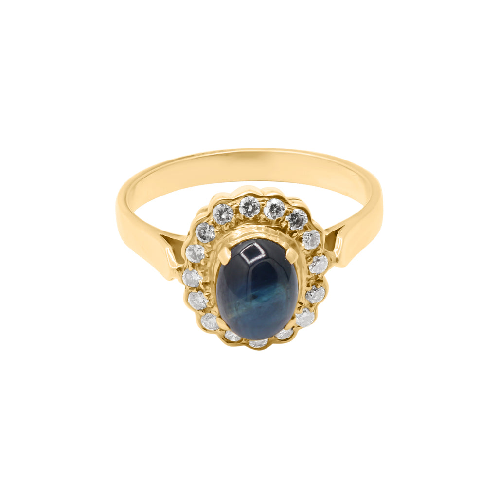 Natural Blue Sapphire And Diamond 18K Yellow Gold Ring