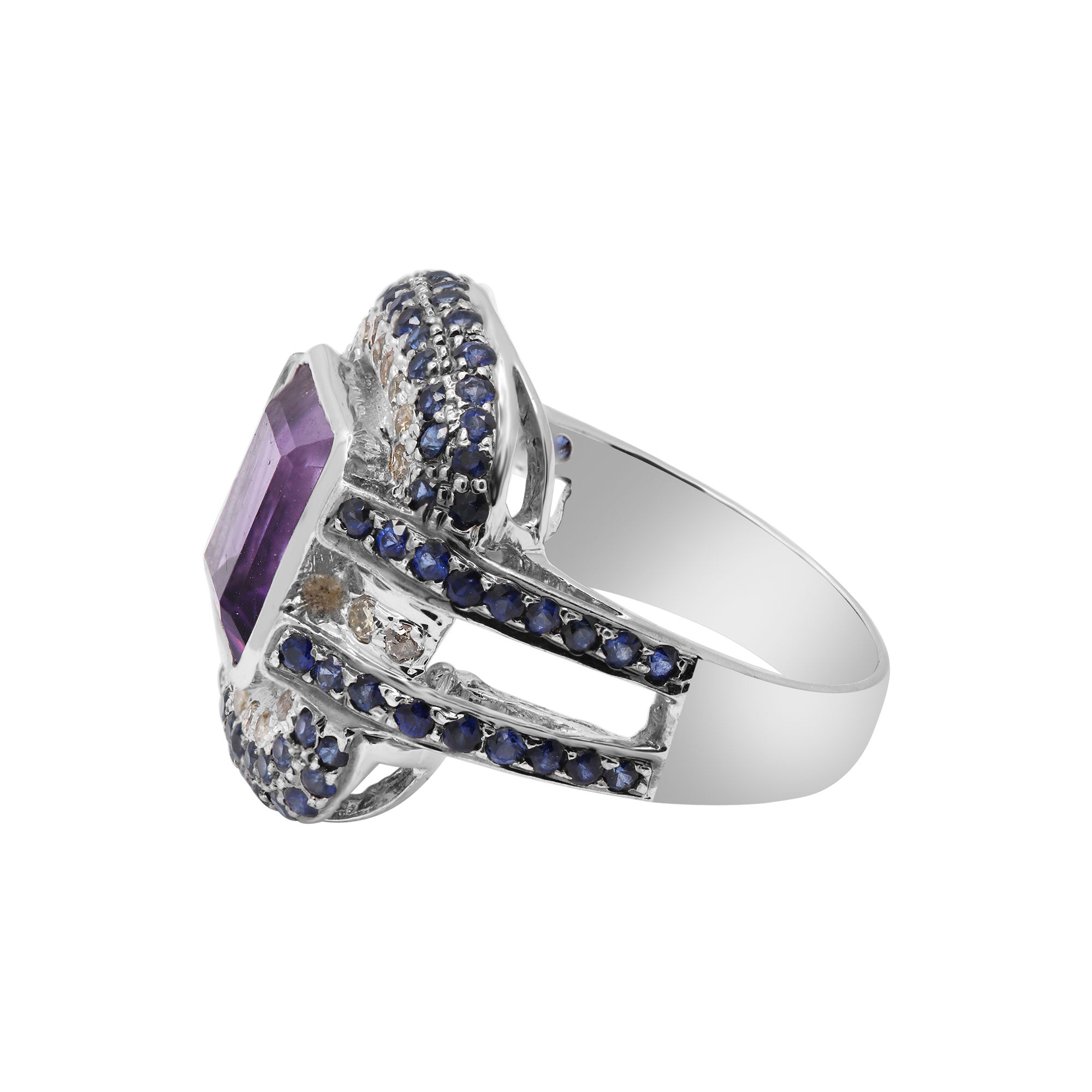 Gorgeous Natural Amethyst, Sapphire And Diamond 925 Sterling Silver Ring