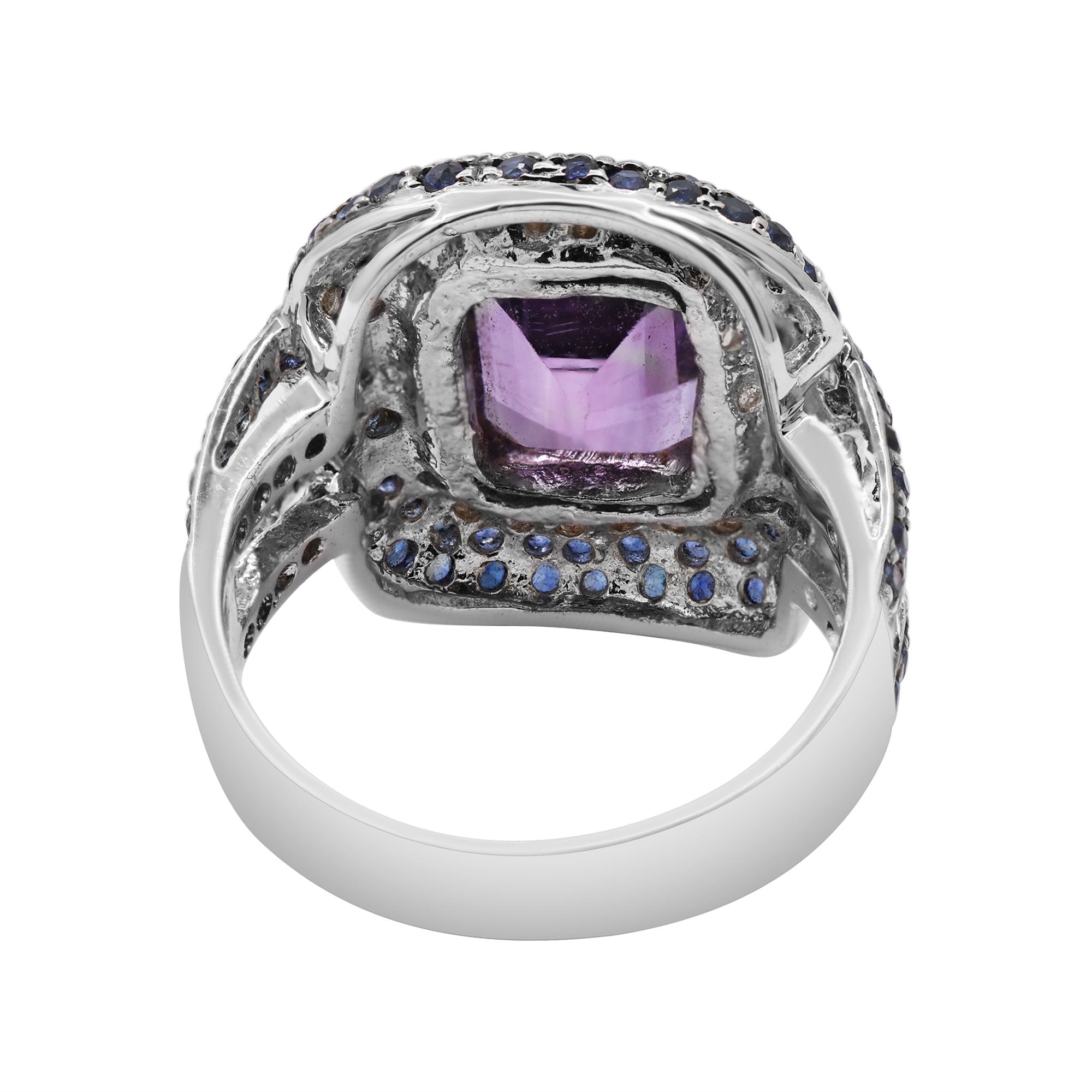 Gorgeous Natural Amethyst, Sapphire And Diamond 925 Sterling Silver Ring
