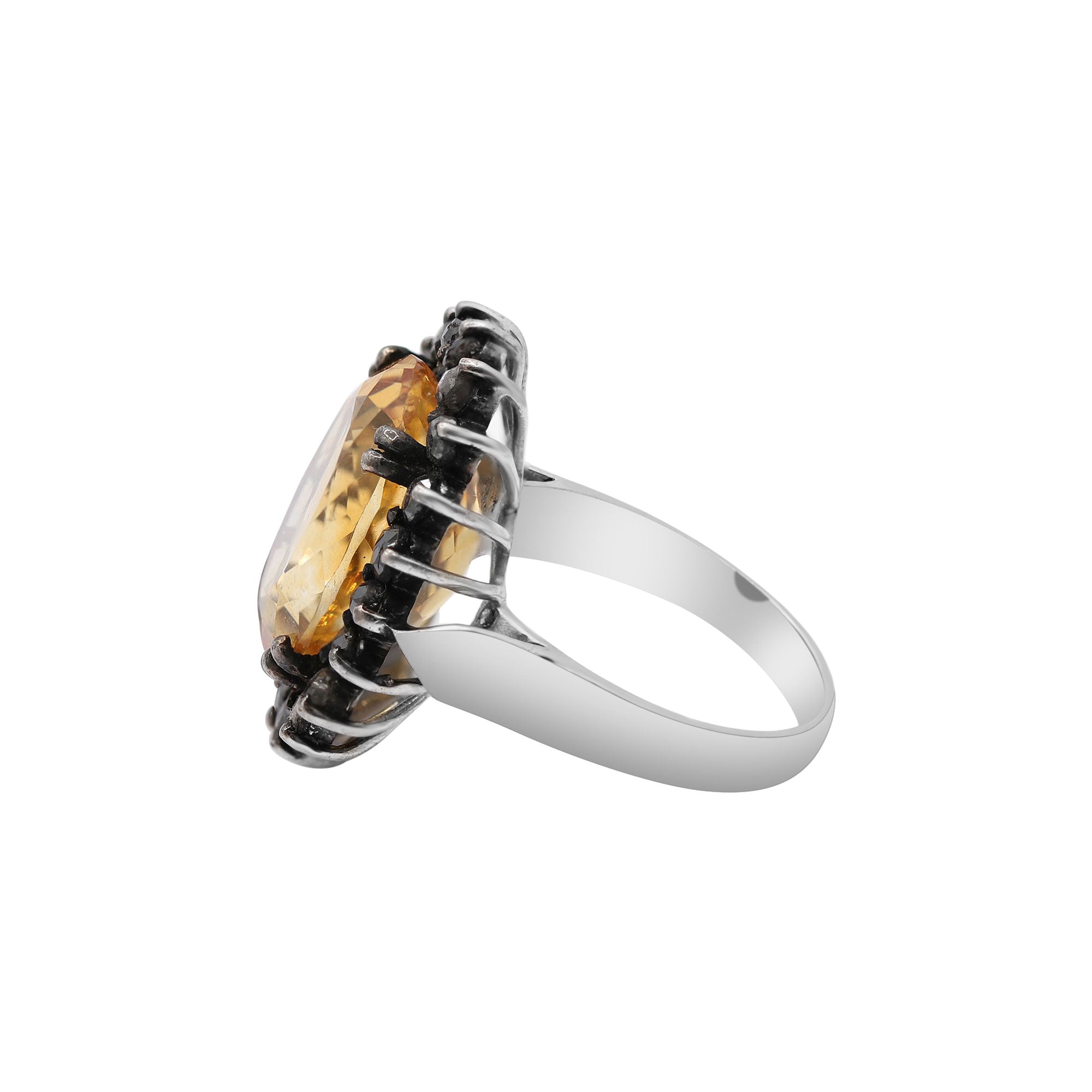 Beautiful Natural Citrine With Black Diamond 925 Sterling Silver Ring
