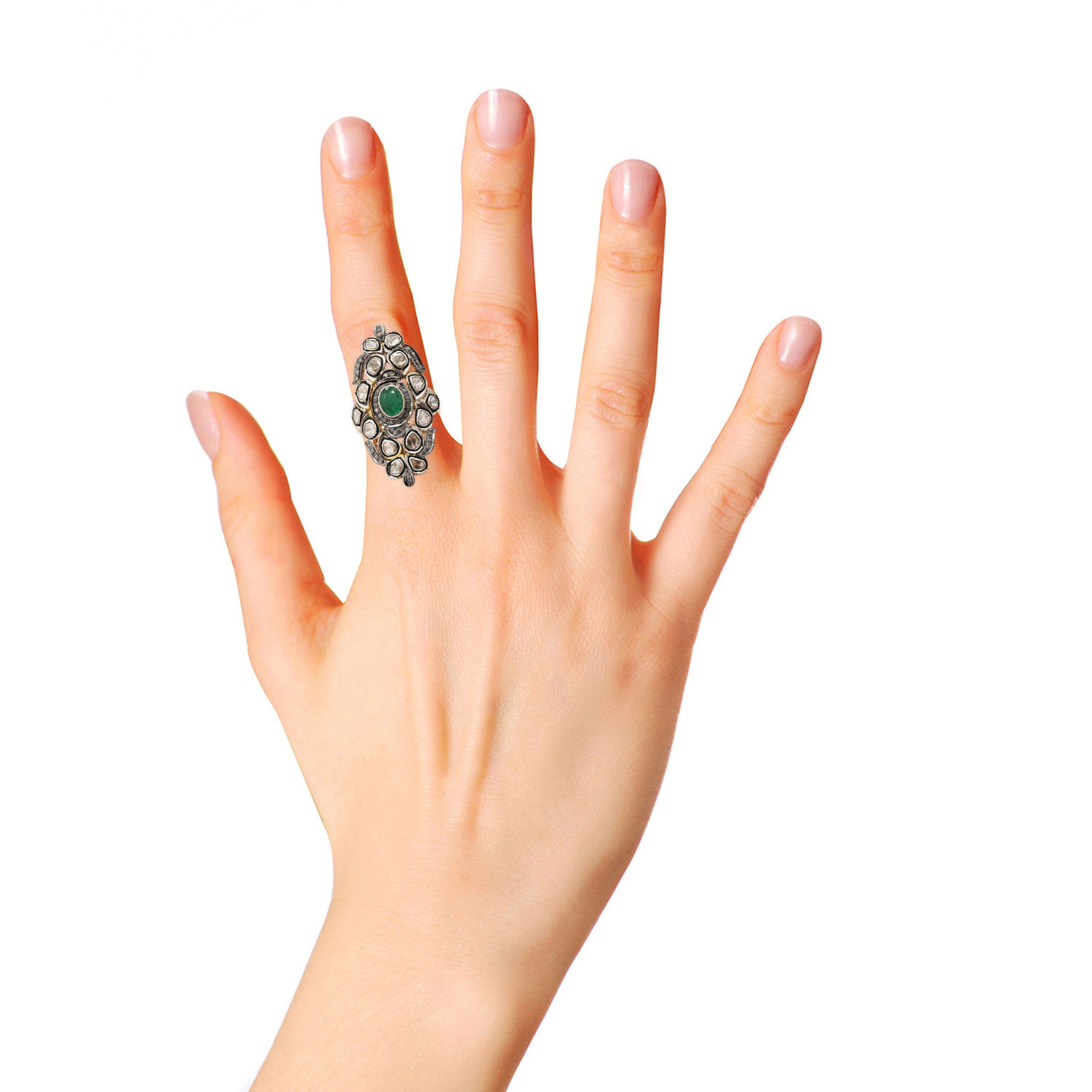 Natural Emerald And Polki Diamond 925 Sterling Silver Gold Plated Ring