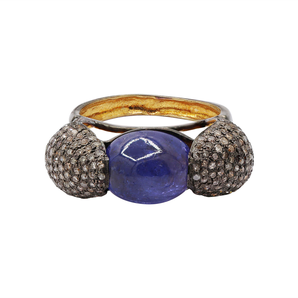 Natural Kyanite & Diamond 925 Sterling Silver Gold Plated Ring