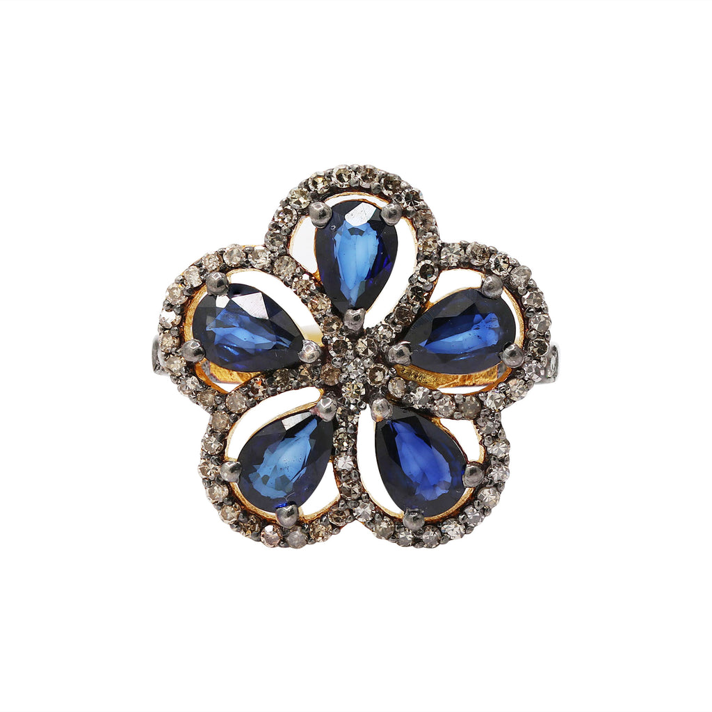 Flower Shaped Natural Blue Sapphire And Diamond 925 Sterling Silver Gold Plated Ring